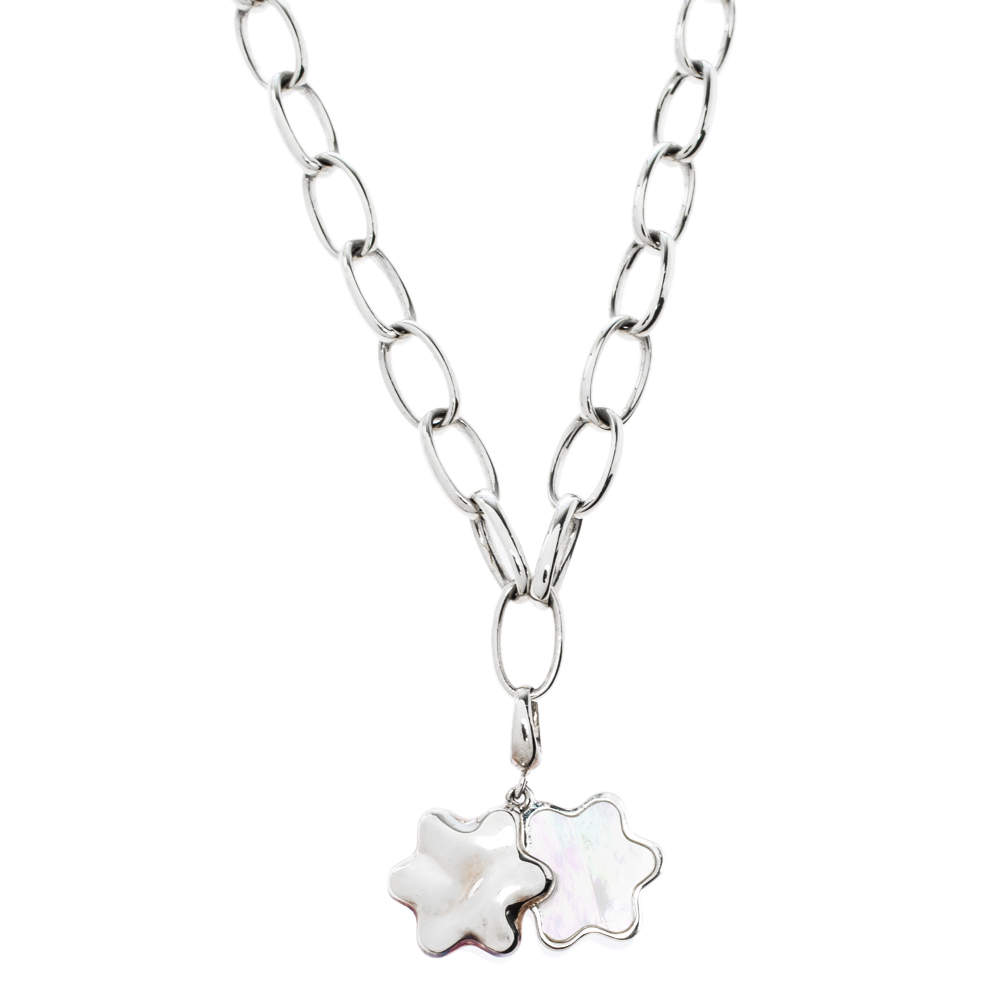 Pre Owned Montblanc Star Mother of Pearl Silver Chain Link Necklace
