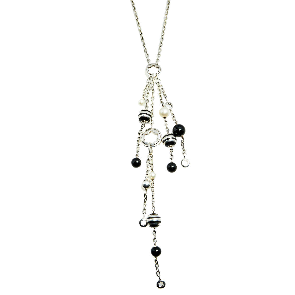 Montblanc Cultured Pearls and Onyx Silver Tassel Necklace