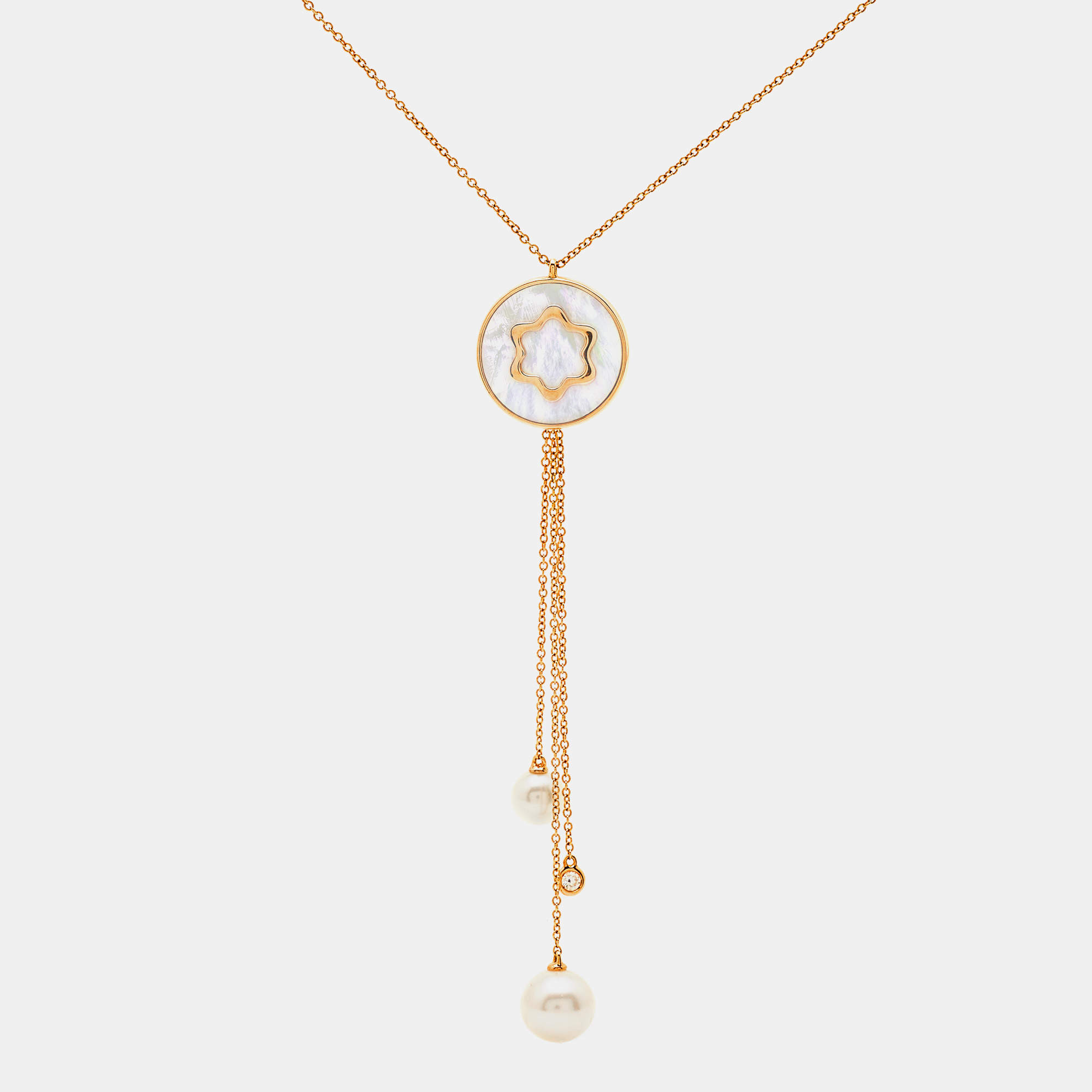Montblanc Signet Mother of Pearl Diamond Cultured Pearl 18k Rose Gold Tassel Pendant Necklace
