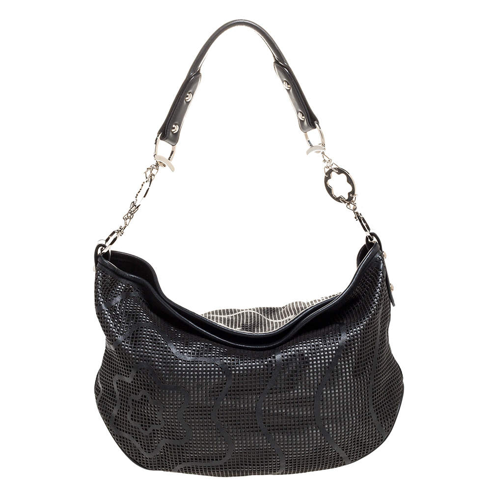 Pre Owned Montblanc Black Laser Cut Leather Starisma Alcina Hobo