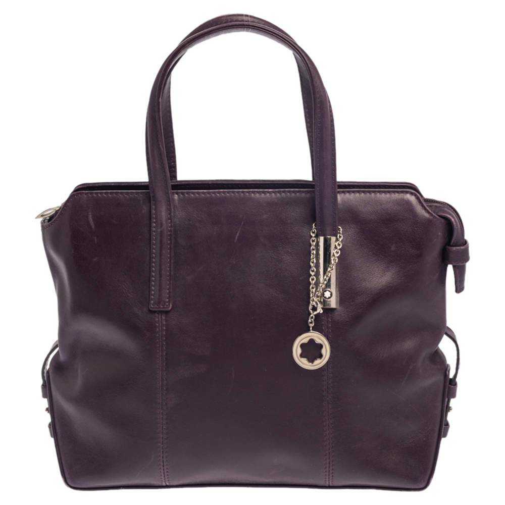 Pre Owned Montblanc Purple Leather Top Zip Tote