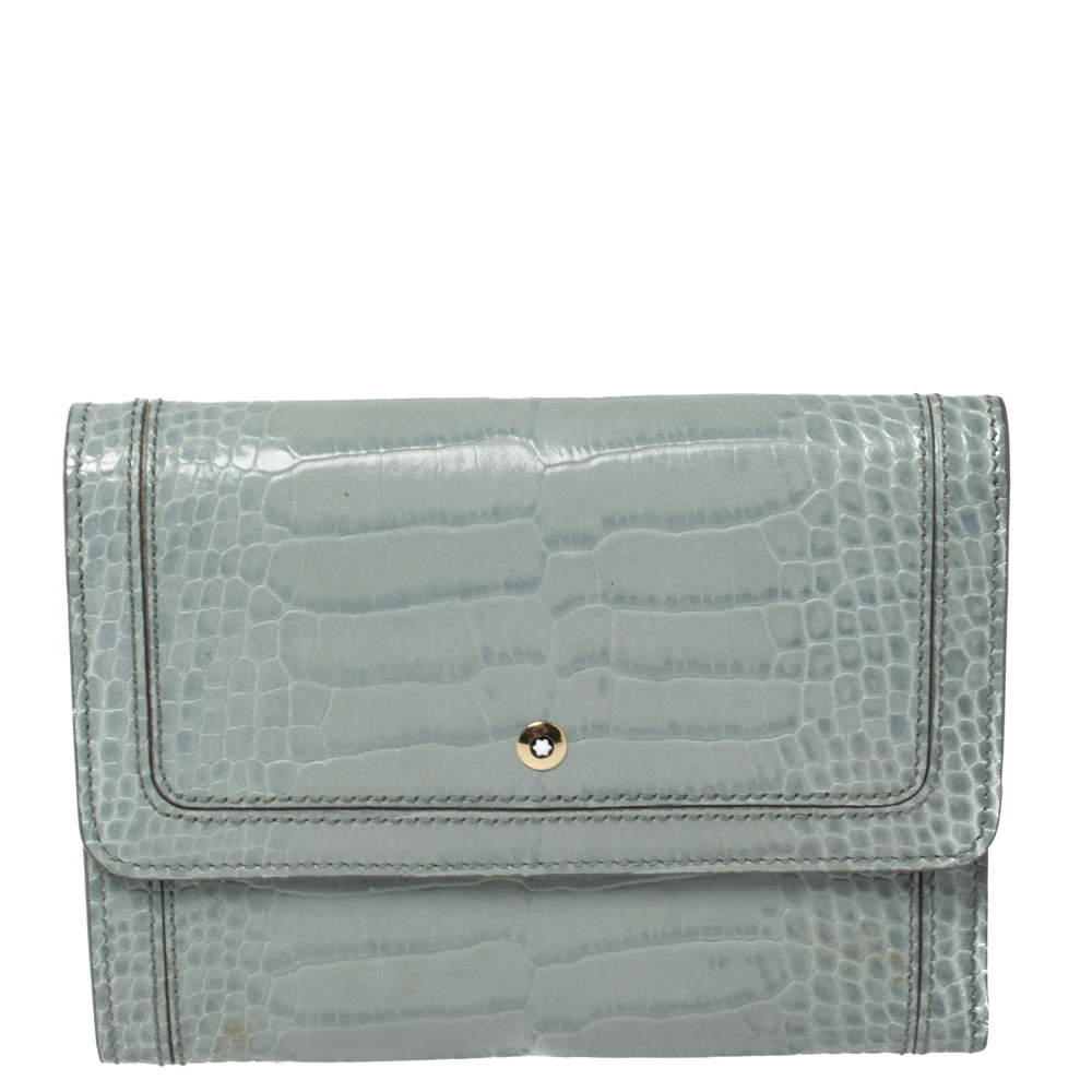 Montblanc Blue Croc Embossed Leather Trifold Wallet