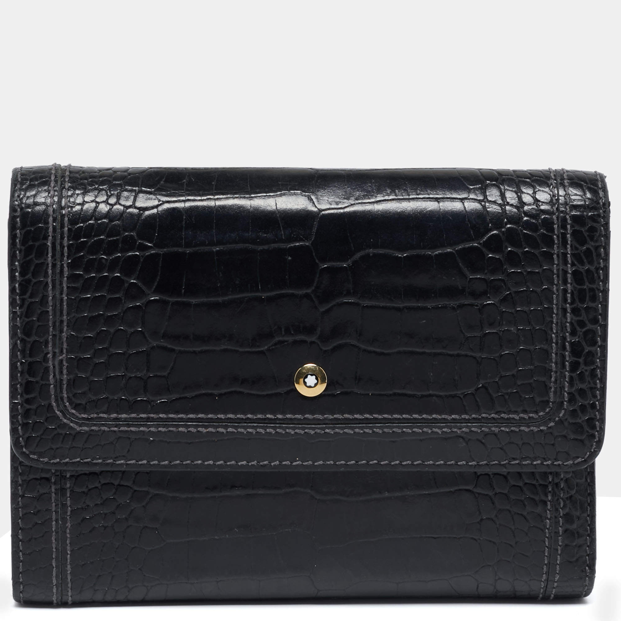 Pre Owned Montblanc Black Croc Embossed Leather Trifold Wallet