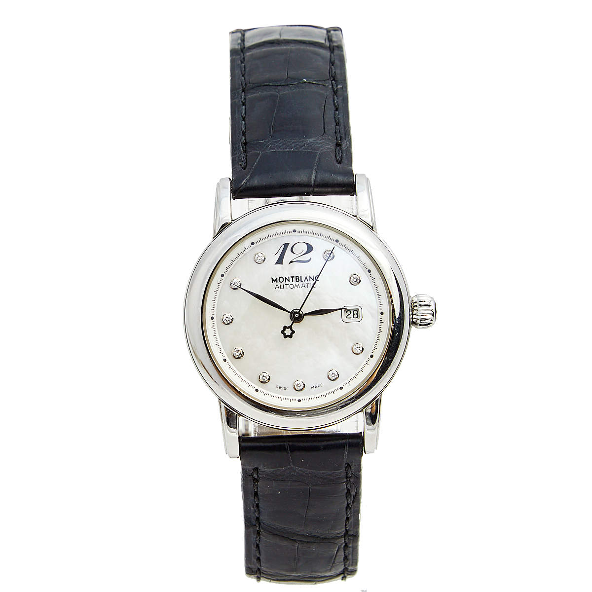 Pre Owned Montblanc Mother of Pearl Diamond Stainless Steel Alligator Meisterstuck 7087 Women's Wristwatch 32 mm