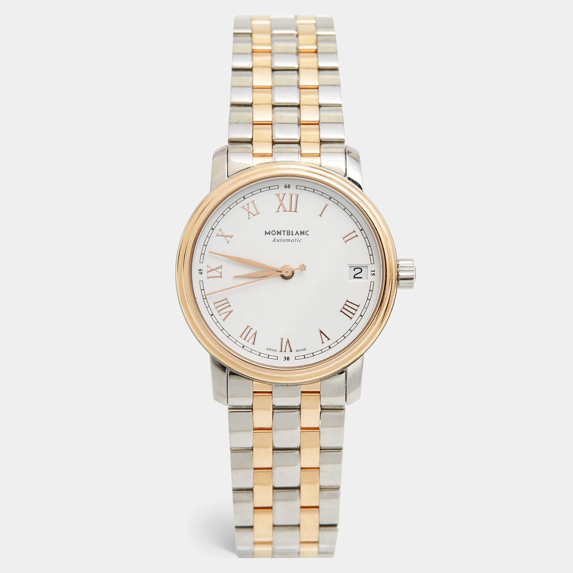 Montblanc White 18k Rose Gold Stainless Steel Tradition 114369 Women's Wristwatch 32 mm