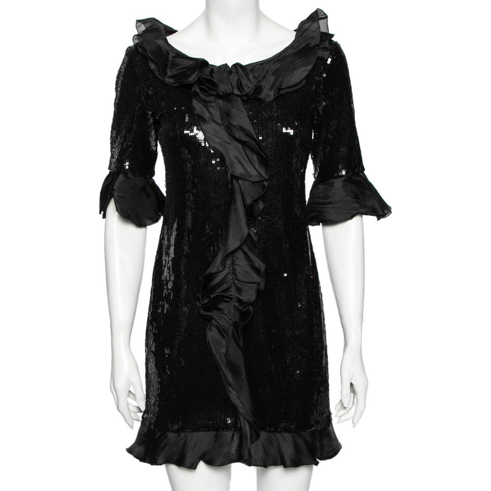 Pre Owned Moschino Cheap and Chic Black Sequin Embellished Ruffle Trimmed Dress M