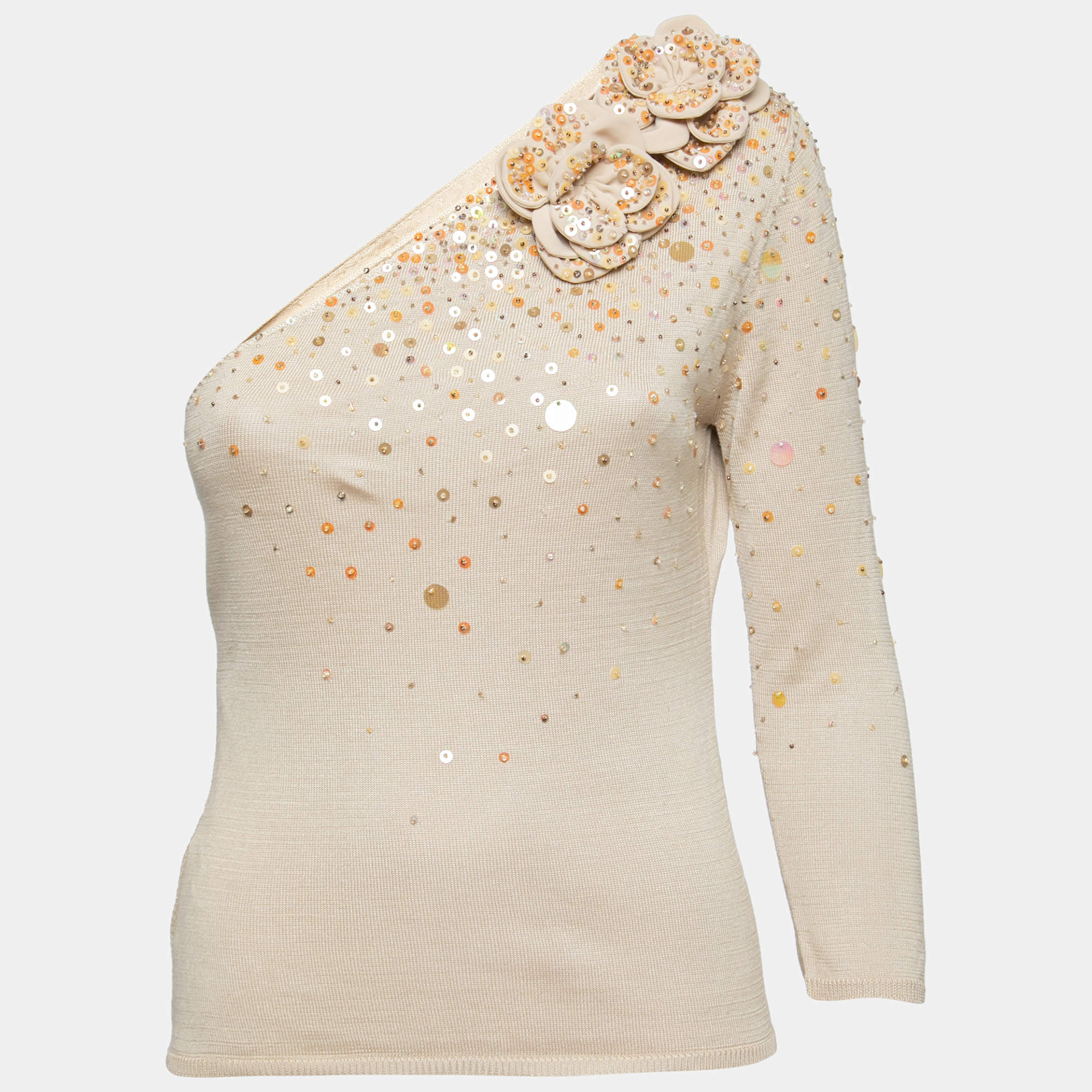 Pre Owned Moschino Cheap & Chic Beige Embellished Silk Knit One-Shoulder Top M