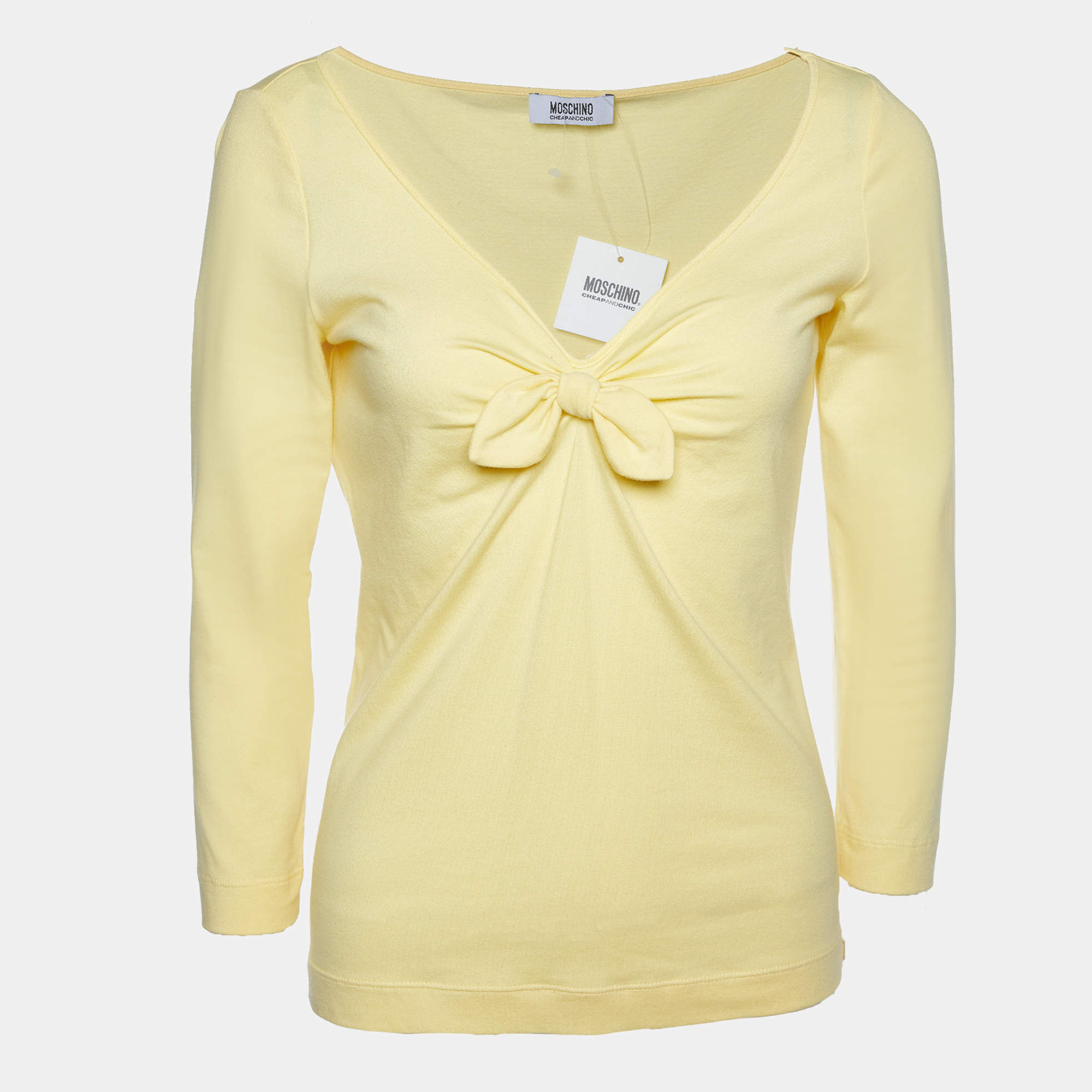 Pre Owned Moschino Cheap and Chic Yellow Cotton Knit Bow Detail T-Shirt M