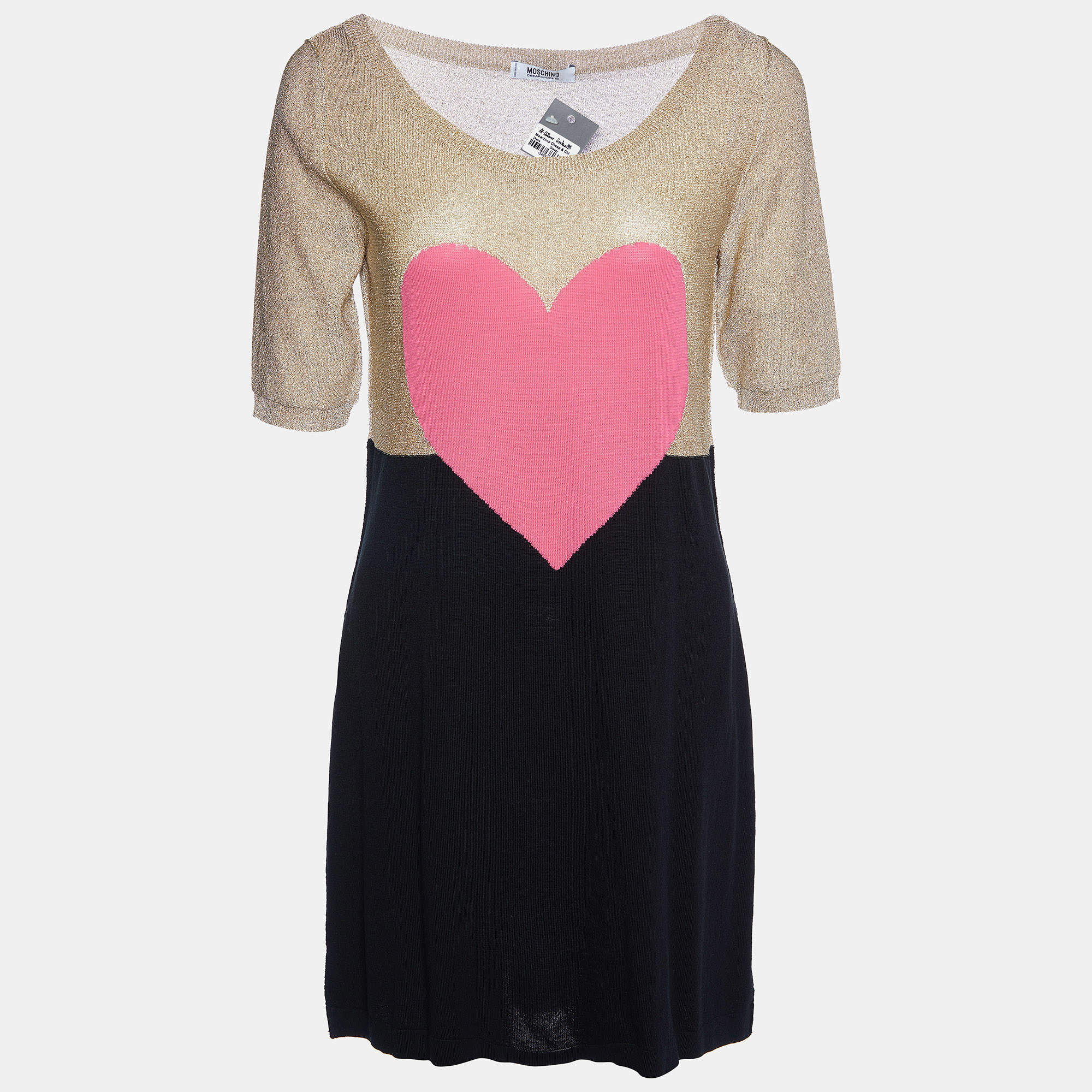 Pre Owned Moschino Cheap and Chic Multicolor Heart Lurex & Cotton Knit Mini Dress M