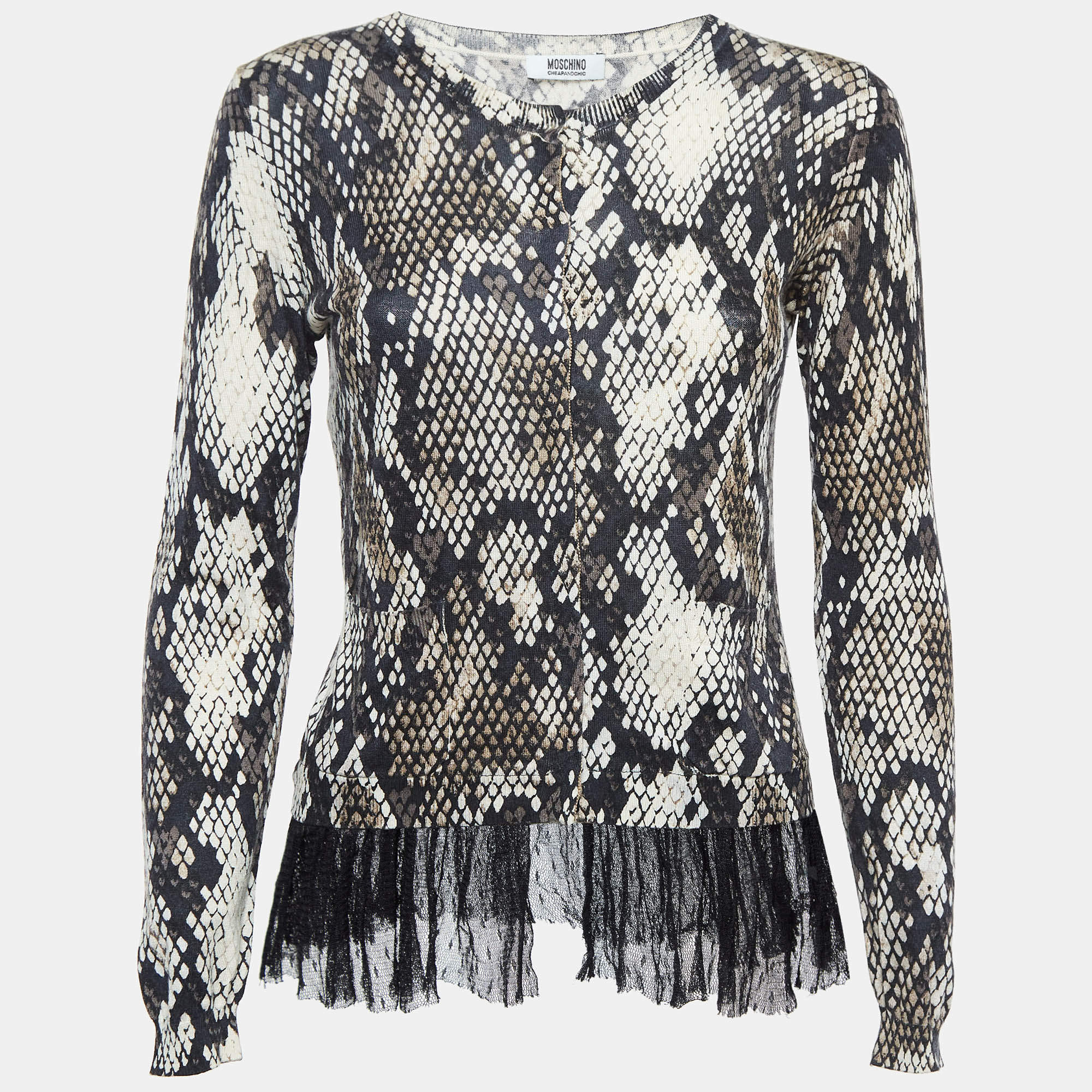 Moschino Cheap and Chic Black Snake Print Ruffled Cardigan Top M