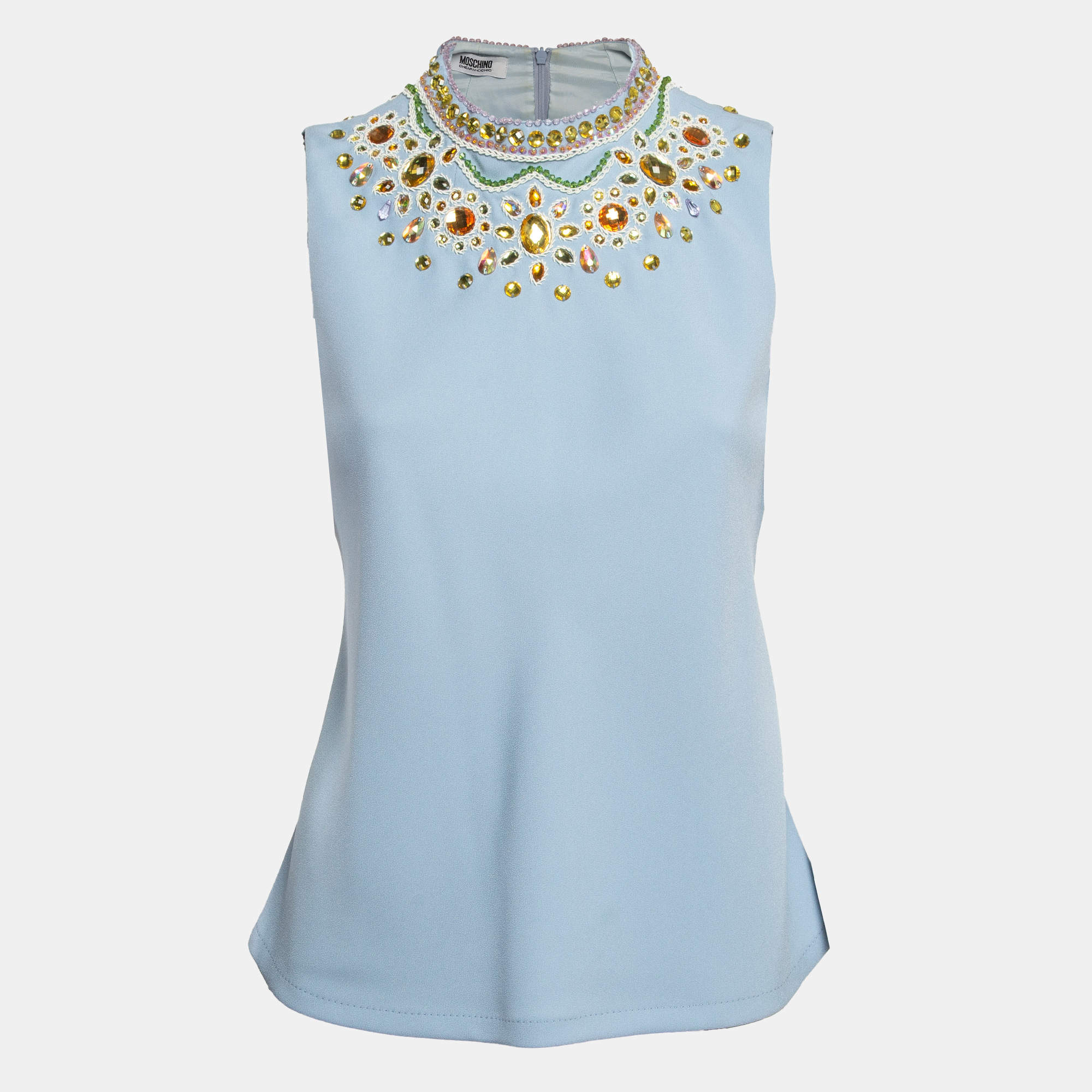 Pre Owned Moschino Cheap and Chic Blue Embellished Crepe Sleeveless Top S