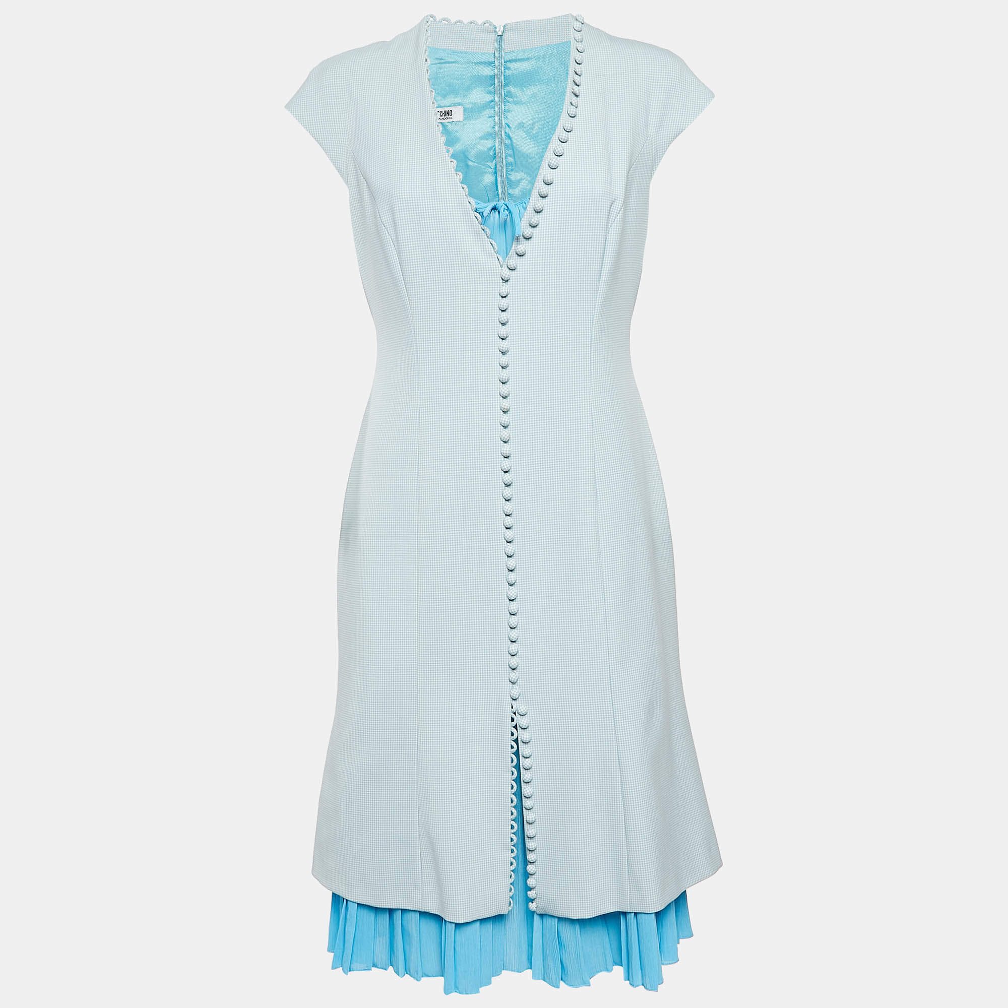 مملوكة مسبقًا Moschino Cheap and Chic Blue Houndstooth Wool Blend Buttoned Short Dress M