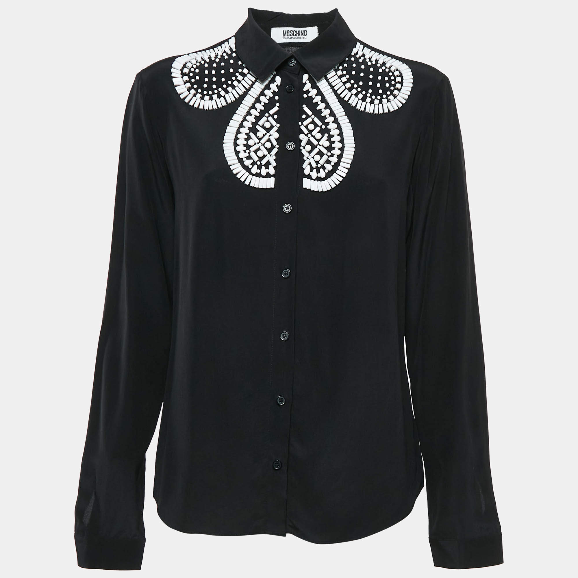 Pre Owned Moschino Cheap and Chic Black Beads Embellished Silk Shirt M