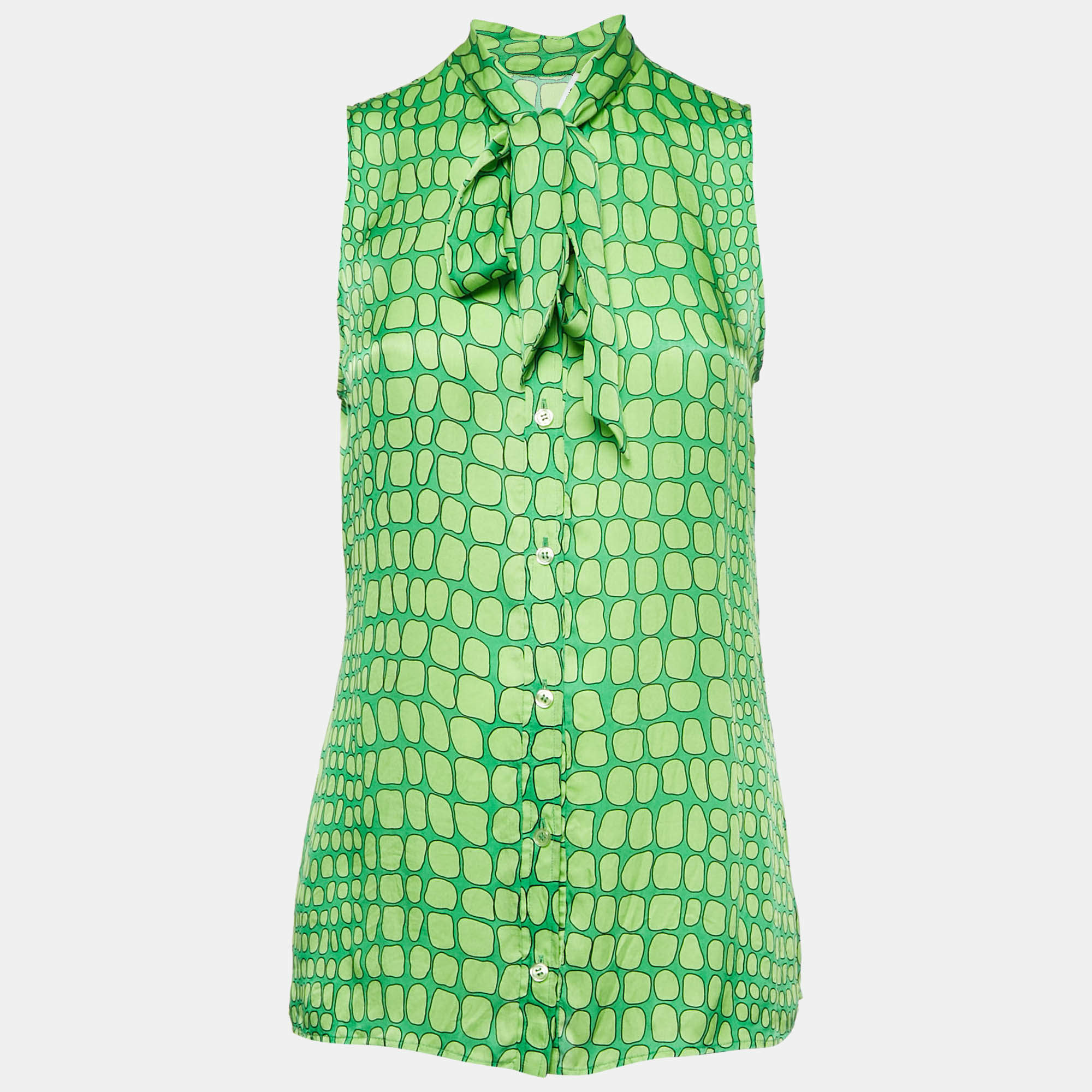 Pre Owned Moschino Cheap and Chic Green Printed Silk Sleeveless Blouse M