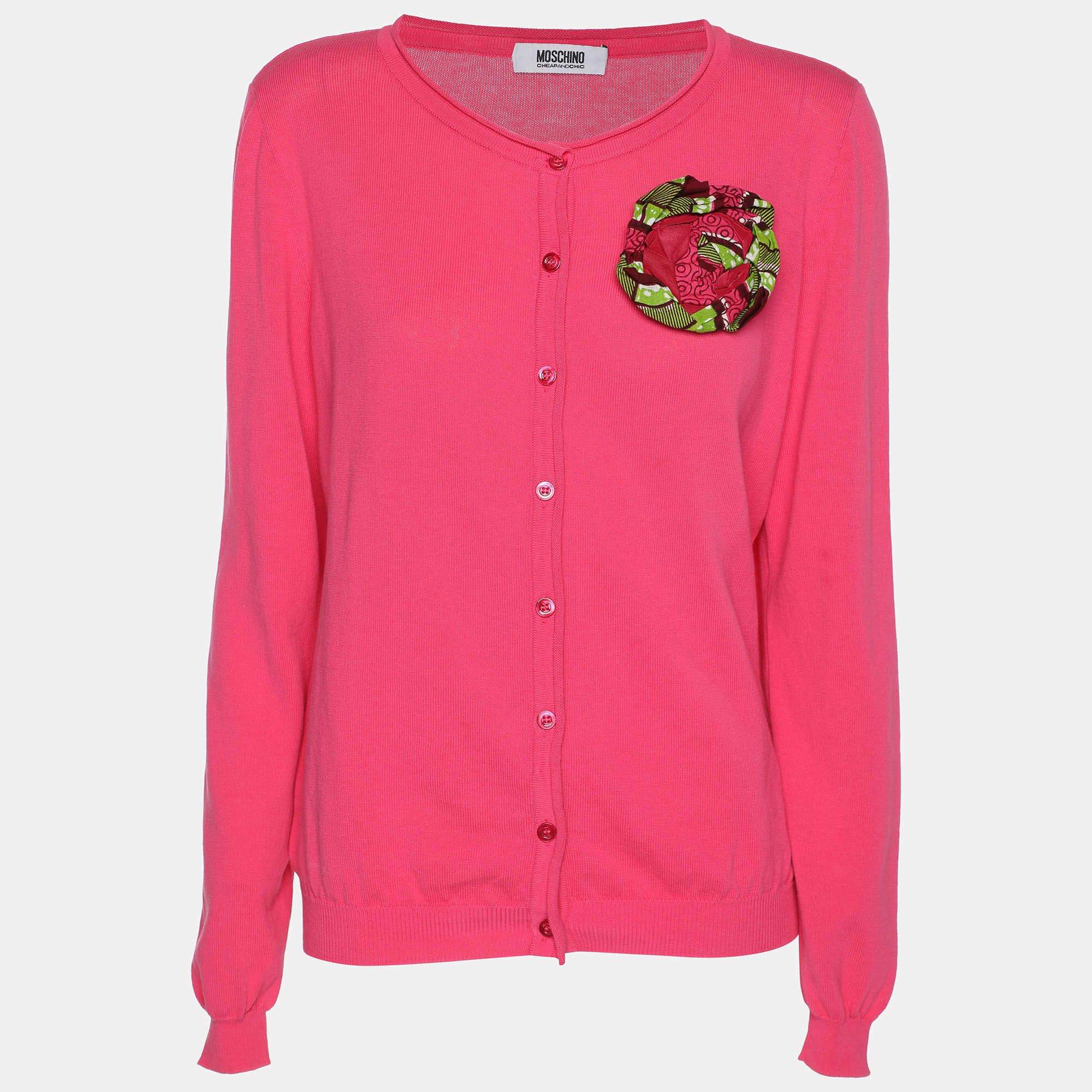 Moschino Cheap and Chic Pink Cotton Knit Floral Applique Front Button Sweater M