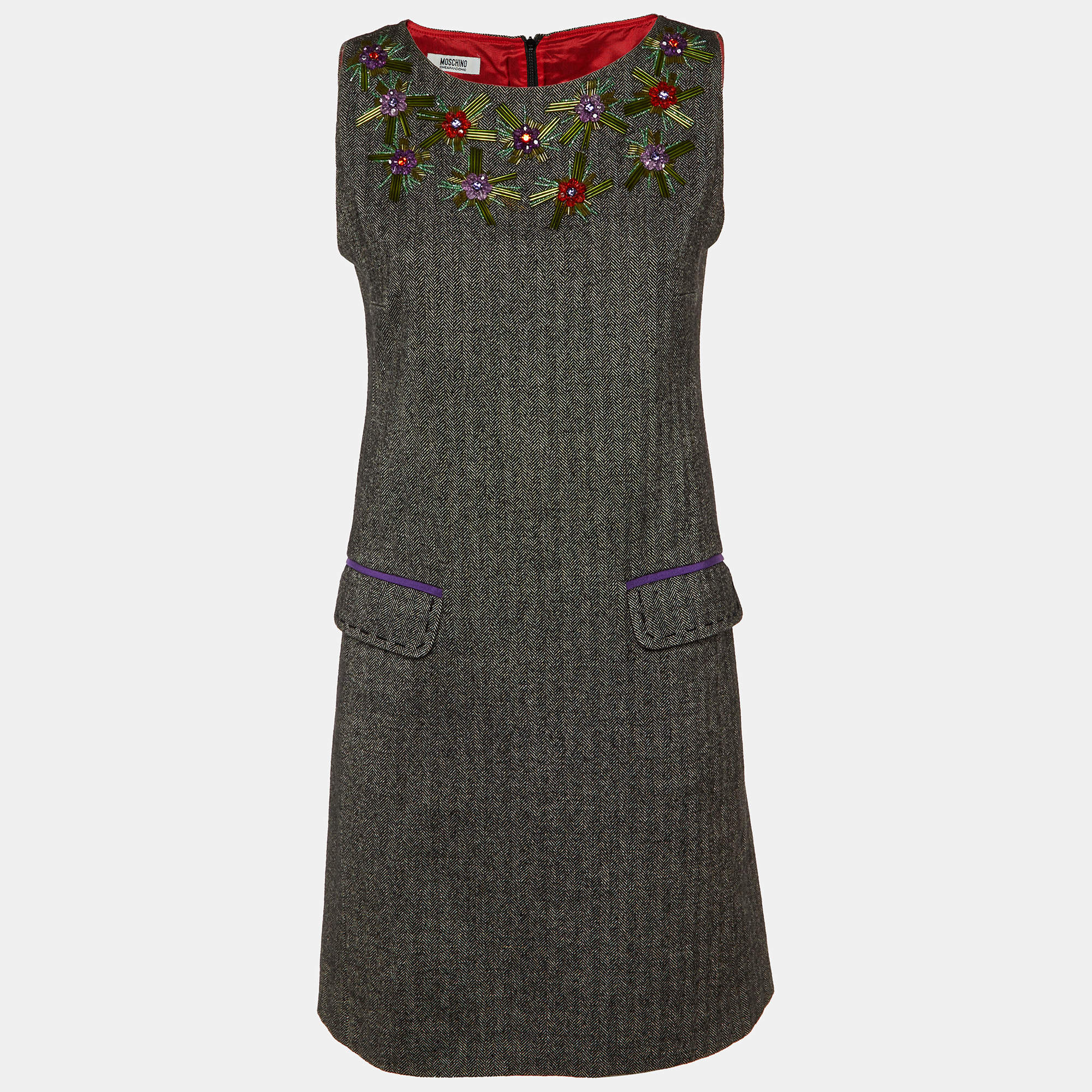 Moschino Cheap and Chic Charcoal Grey Patterned Embellished Shift Dress M