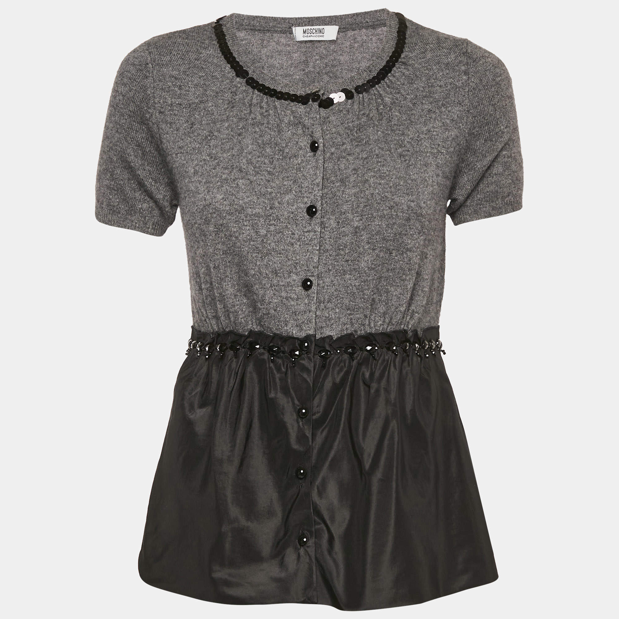 Moschino Cheap and Chic Grey Embellished Wool and Crepe Flared Top M
