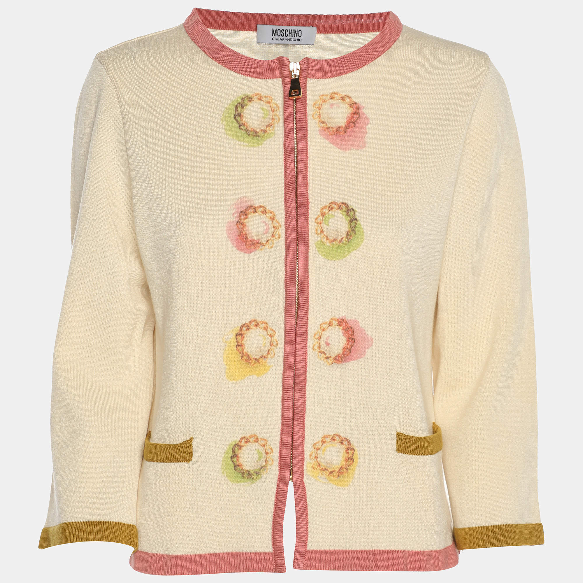 Pre Owned Moschino Cheap and Chic Cream Wool Knit Zip Sweater M