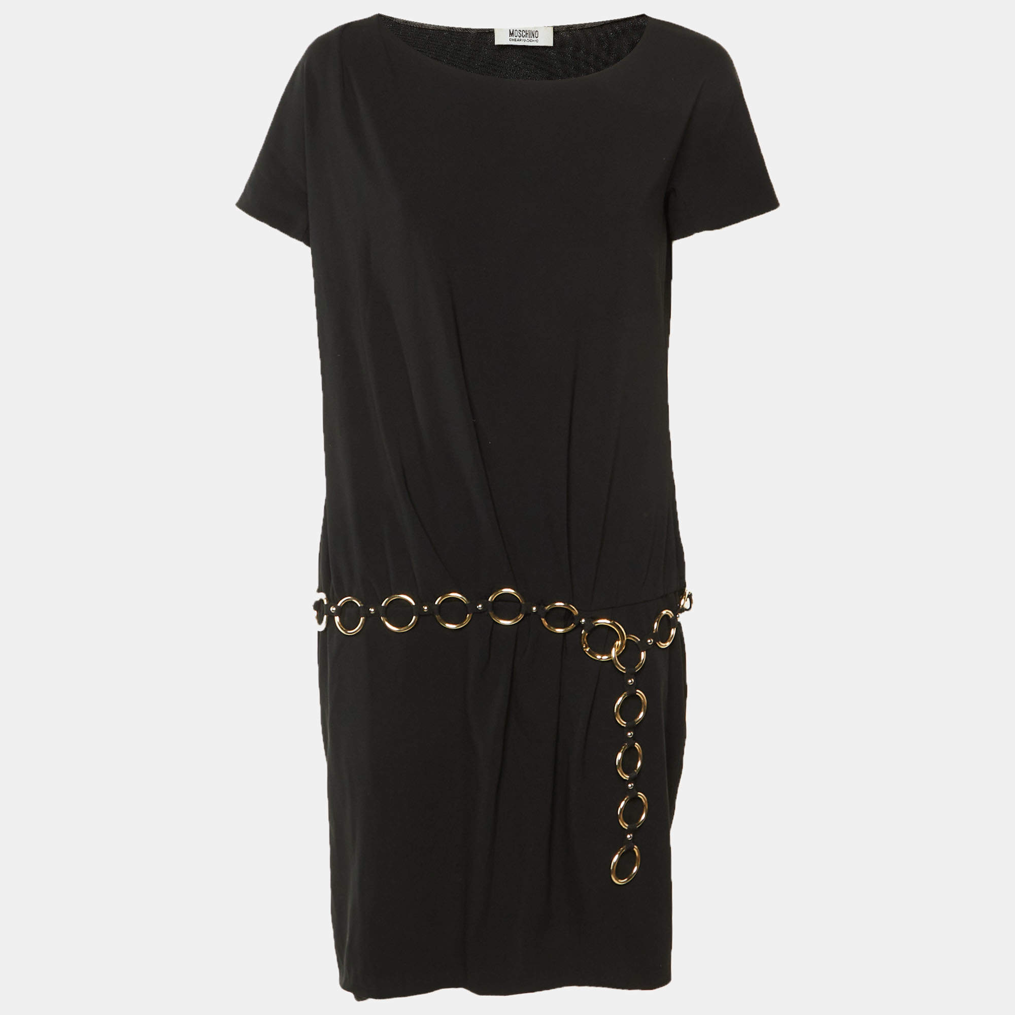 Pre Owned Moschino Cheap and Chic Black Crepe Chain Belt Dress M