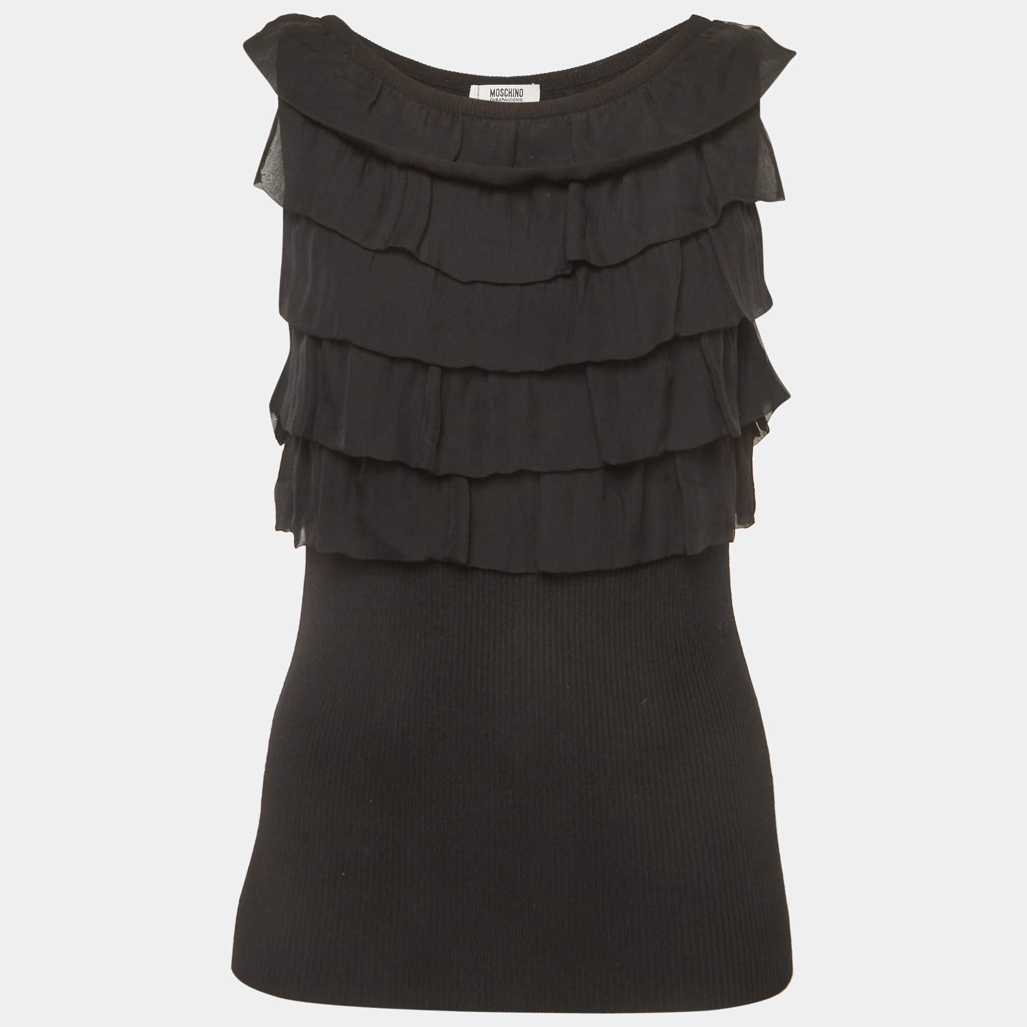 مملوكة مسبقًا بلوزة موسكينو شيب آند شيك سوداء بتريكو مضلع وكشكش من الشيفون مقاس كبير