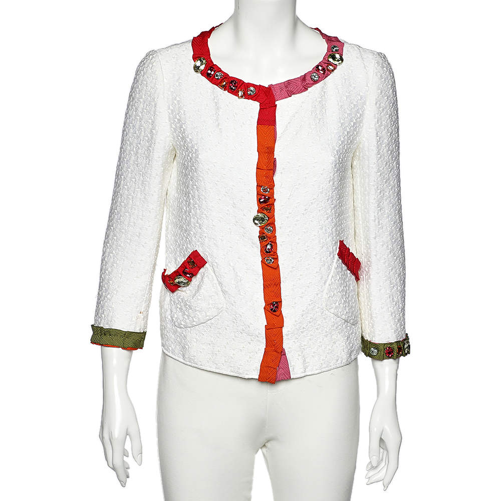 Pre Owned Moschino Cheap And Chic White Cotton Blend Crystal Embellished Button Front Jacket M