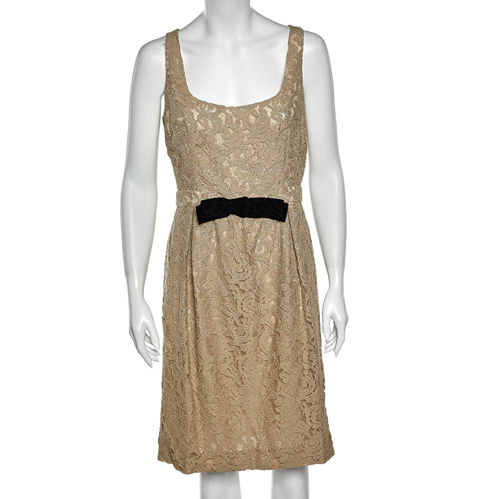 Pre Owned Moschino Cheap and Chic Cream Lace Bow Trim Sleeveless Midi Dress M