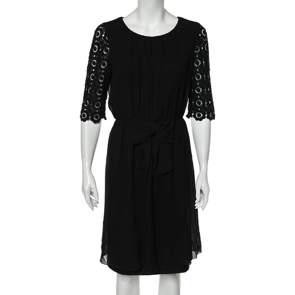 Pre Owned Moschino Cheap and Chic Black Silk & Lace Sleeve Midi Dress M