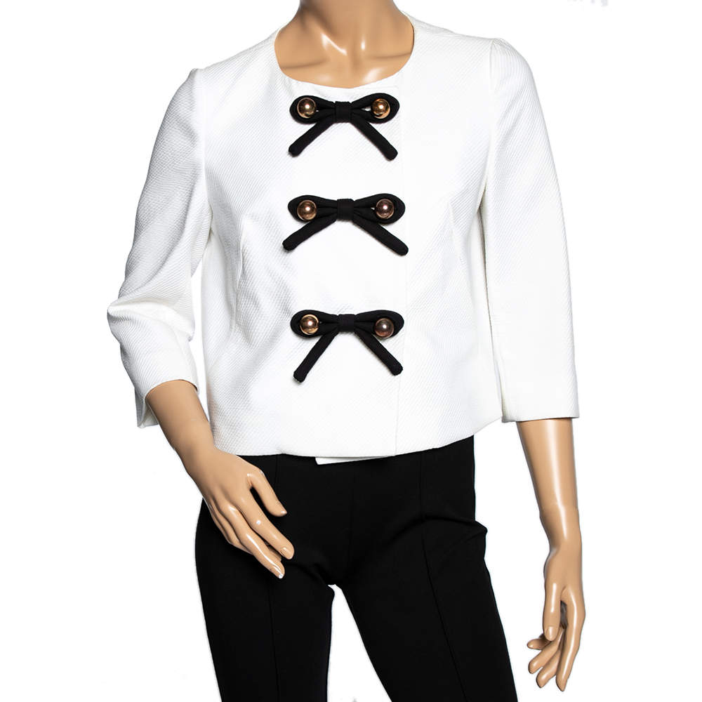 Pre Owned Moschino Cheap and Chic White Textured Cotton Bow Detailed Jacket M