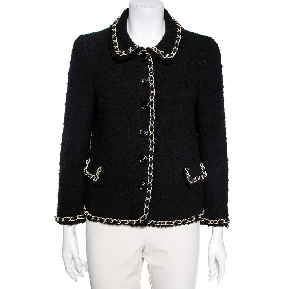 Pre Owned Moschino Cheap and Chic Black Textured Wool Chain Trim Detailed Jacket M