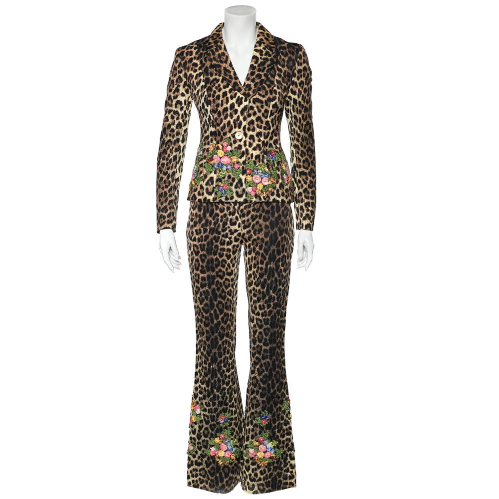 Pre Owned Moschino Cheap and Chic Brown Animal Printed Cotton Floral Applique Detail Pant Suit M