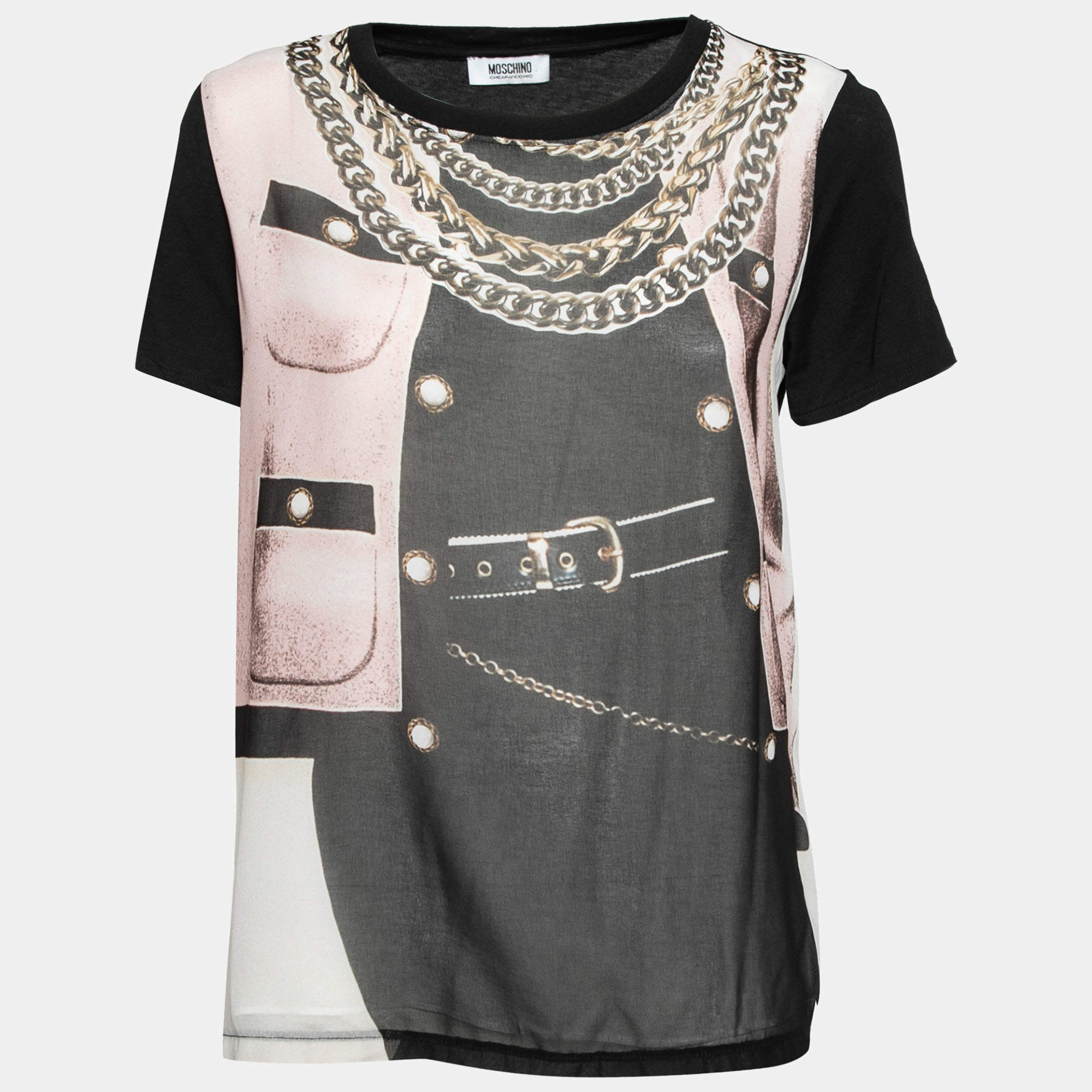 Pre Owned توب موسكينو شيب أند شيك قطن أسود مطبوع سلسلة بطبقة برقبة مستديرة مقاس وسط ( ميديوم )