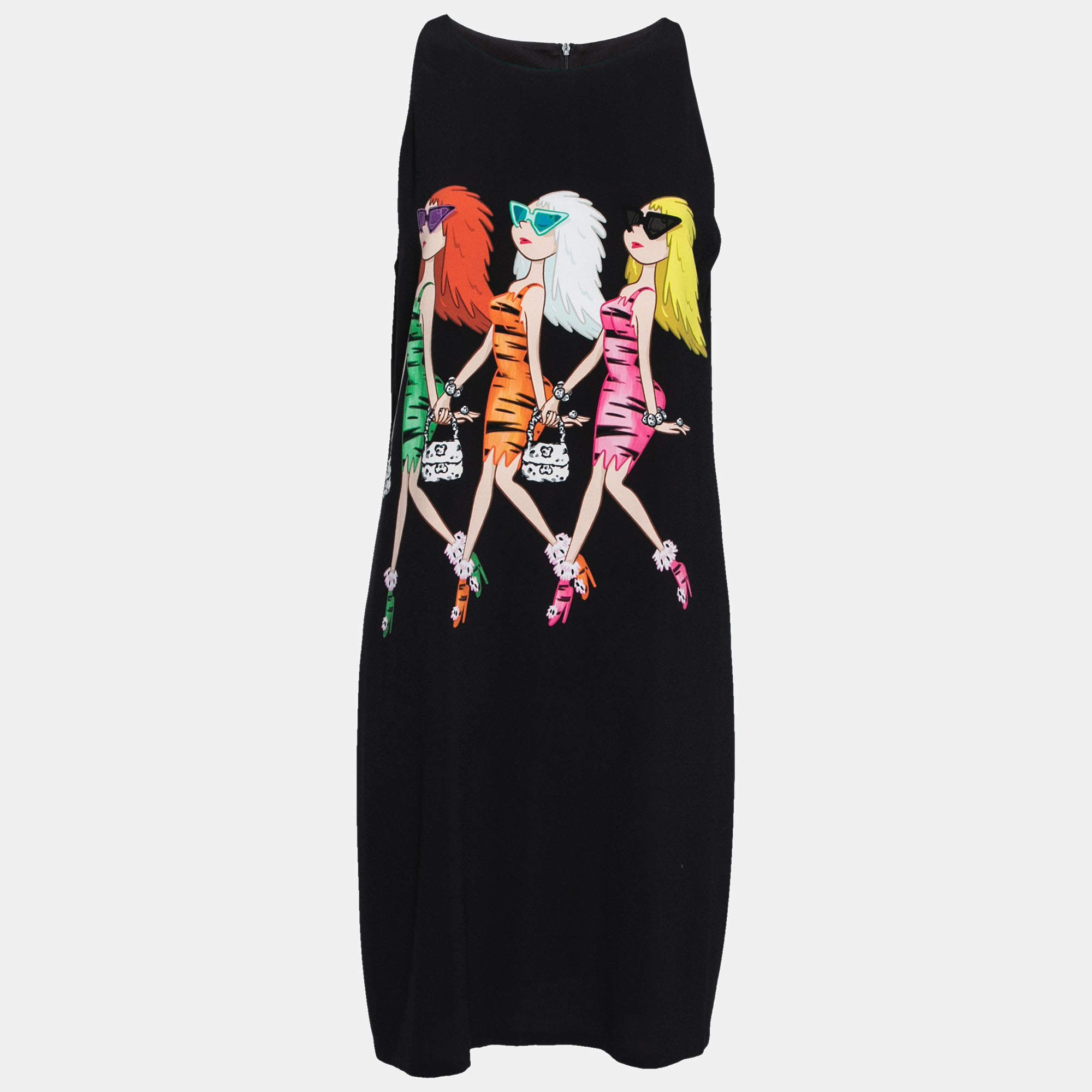 Pre Owned فستان موسكينوشيب أند شيك كريب أسود مطبوع بلا أكمام مقاس وسط ( ميديوم )