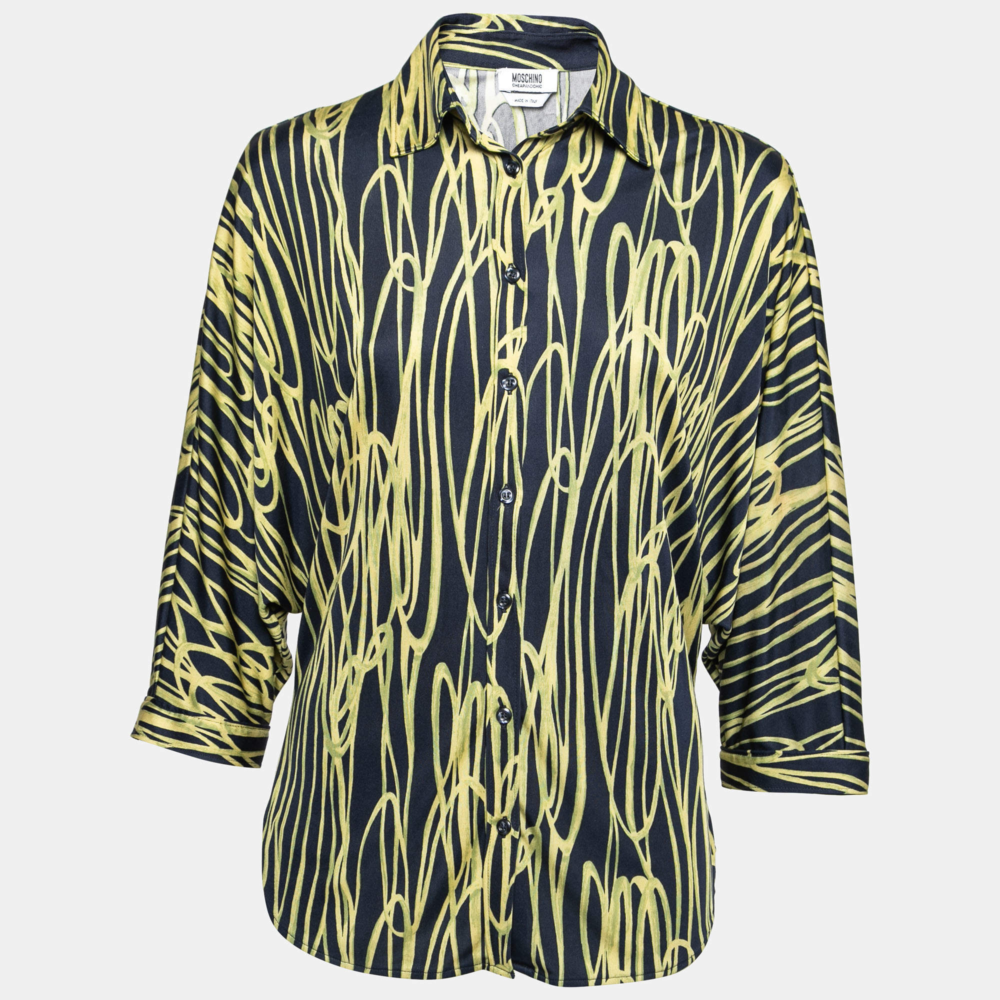 Moschino Cheap and Chic Navy Blue and Yellow Printed Jersey Dolman Sleeve Shirt S