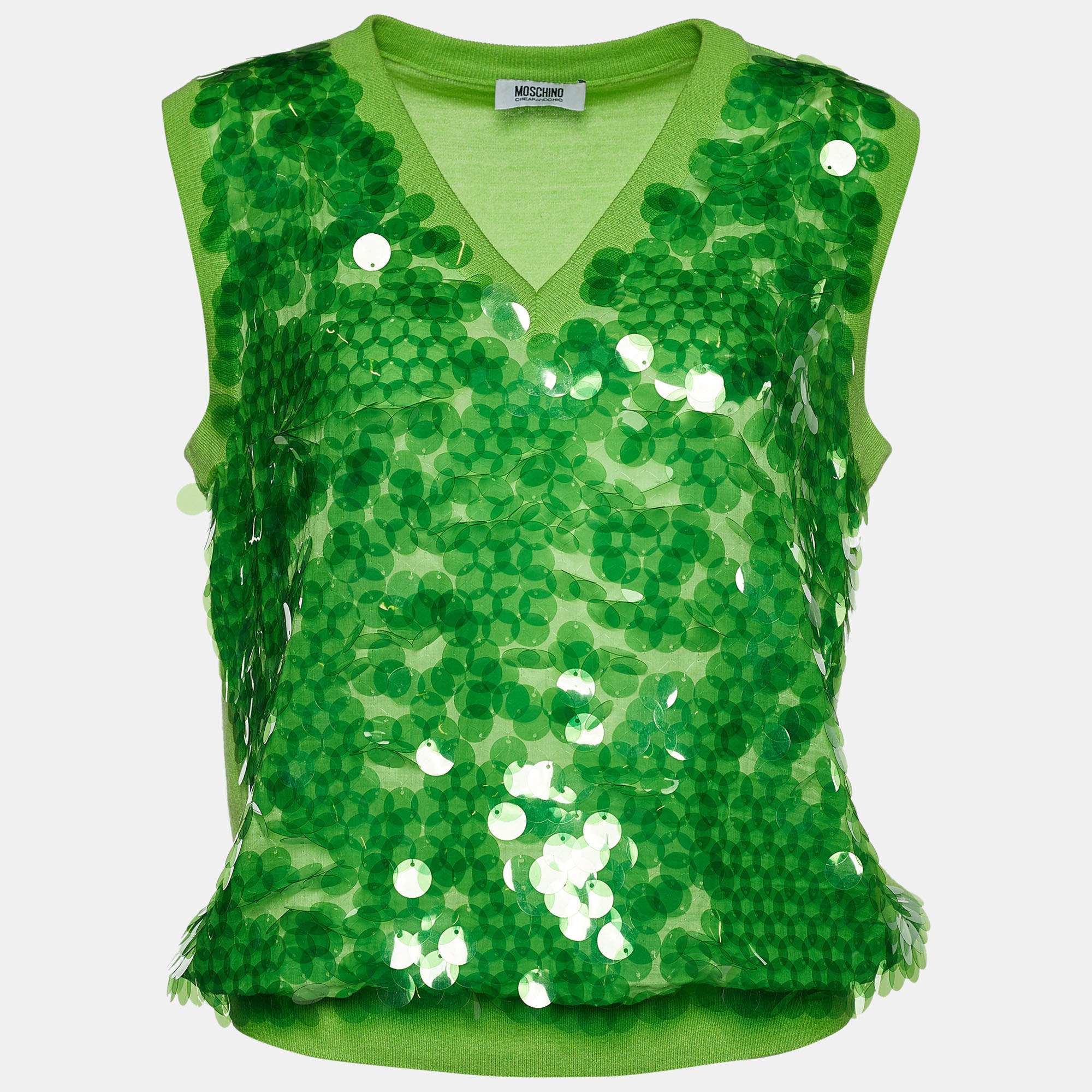 Pre Owned Moschino Cheap and Chic Green Sequined Knit Sleeveless Jumper M