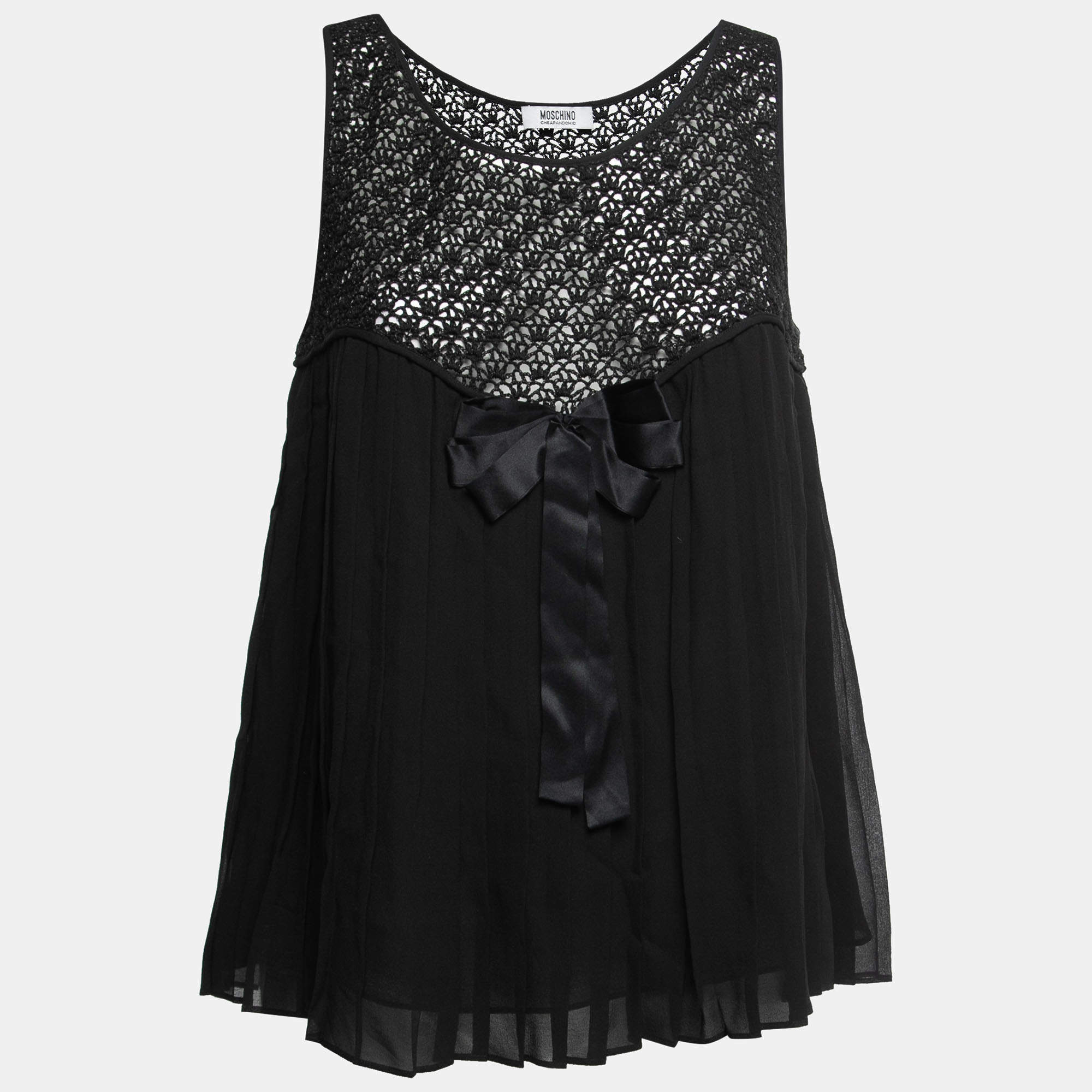 Pre Owned Moschino Cheap and Chic Black Silk & Lace Pleated Top M