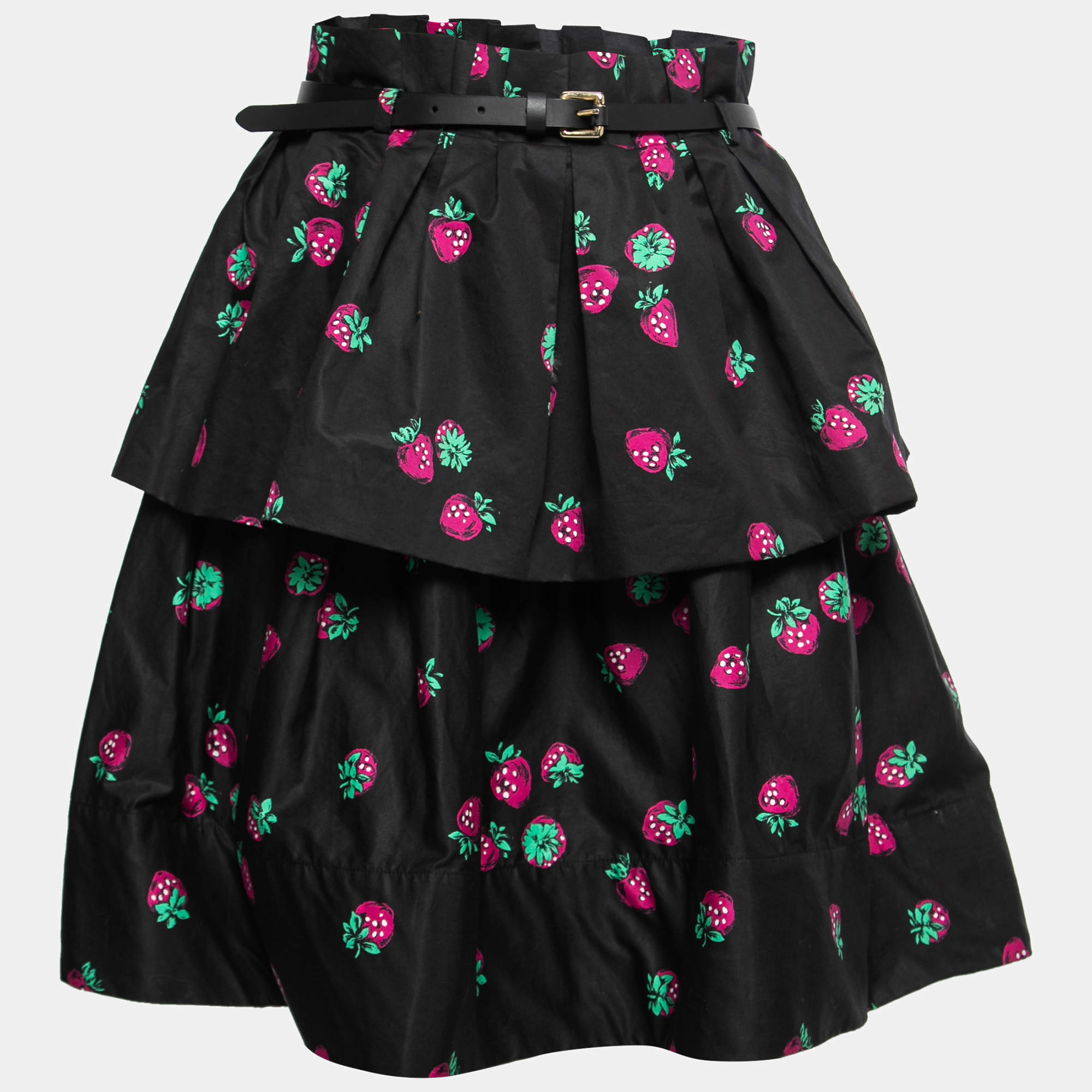 Pre Owned Moschino Cheap and Chic Black Printed Cotton Ruffled Mini Skirt M   