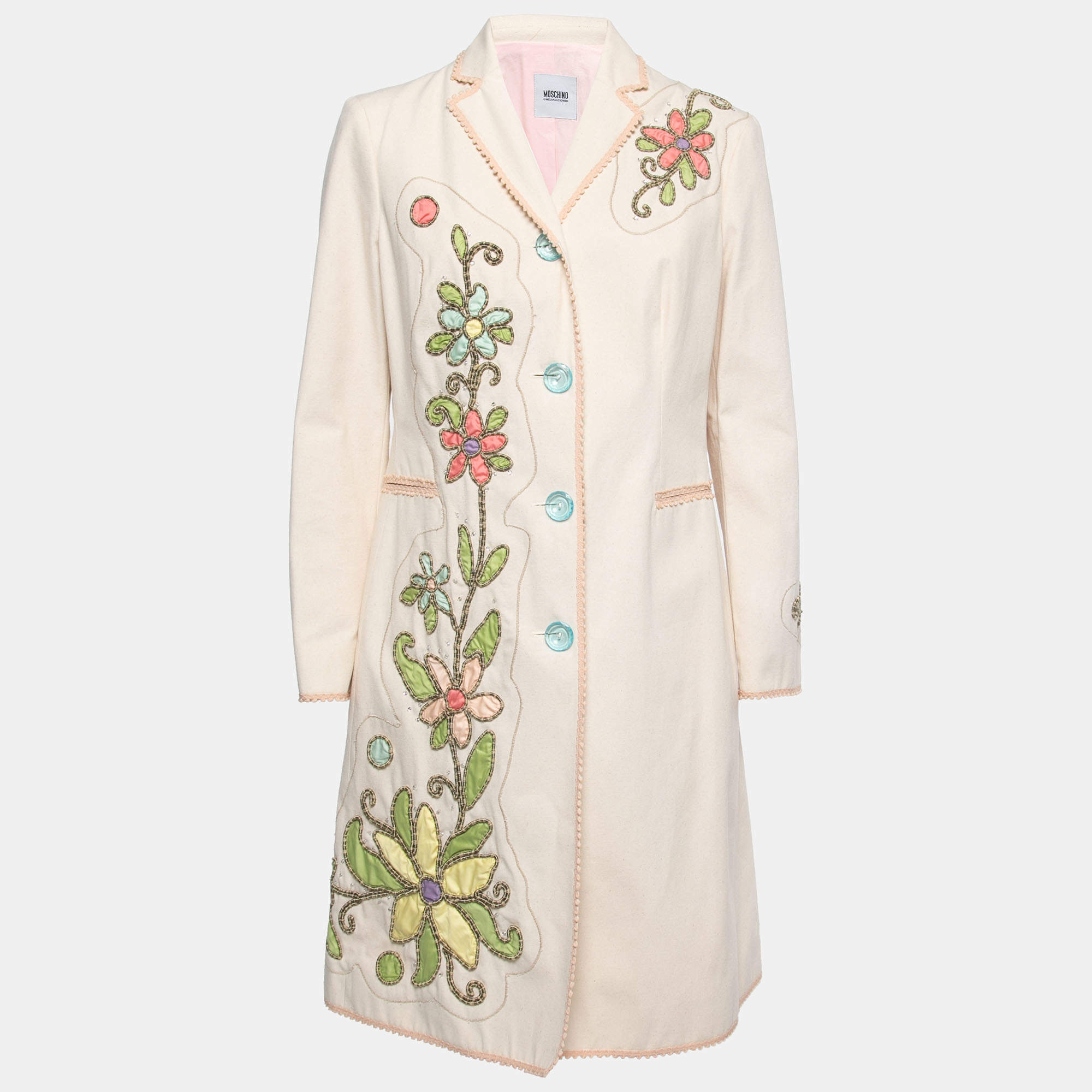 Pre Owned Moschino Cheap and Chic Cream Canvas Floral Embroidered Coat L