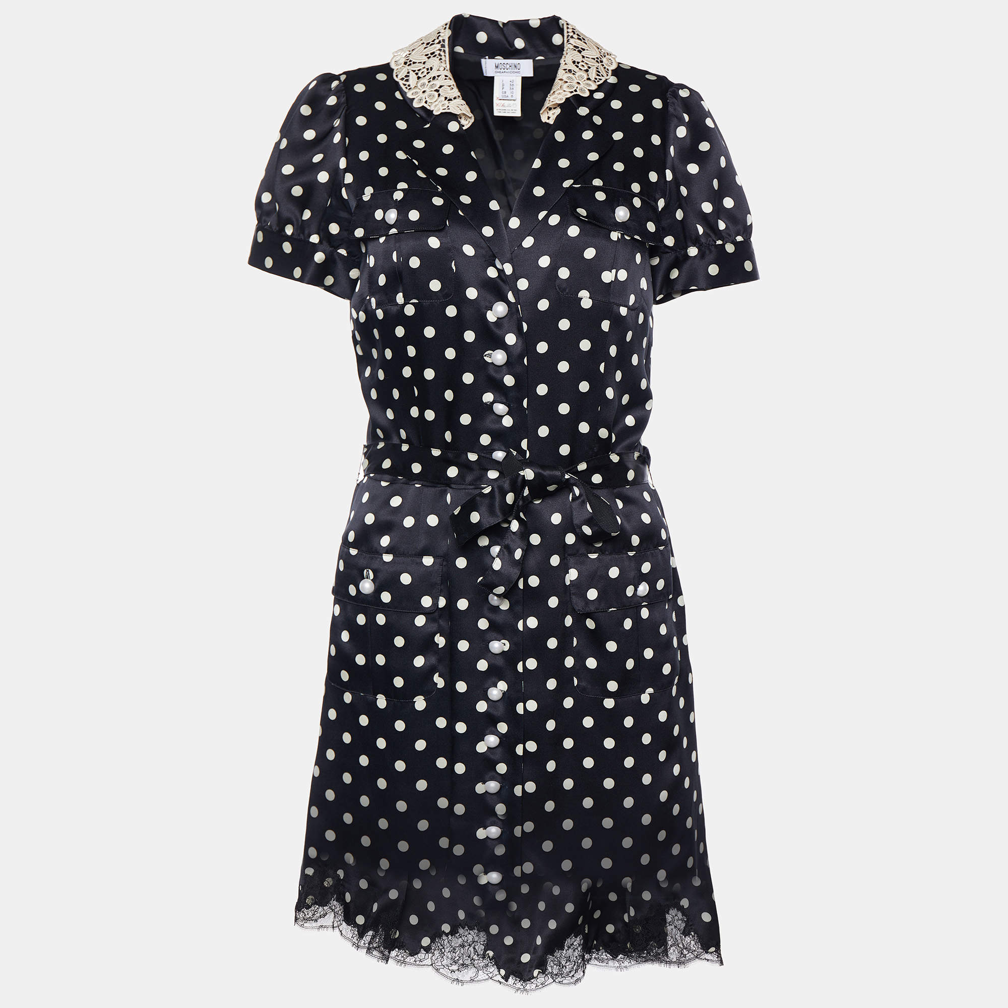 Pre Owned Moschino Cheap and Chic Black Polka Dot Silk Satin Belted Shirt Dress M