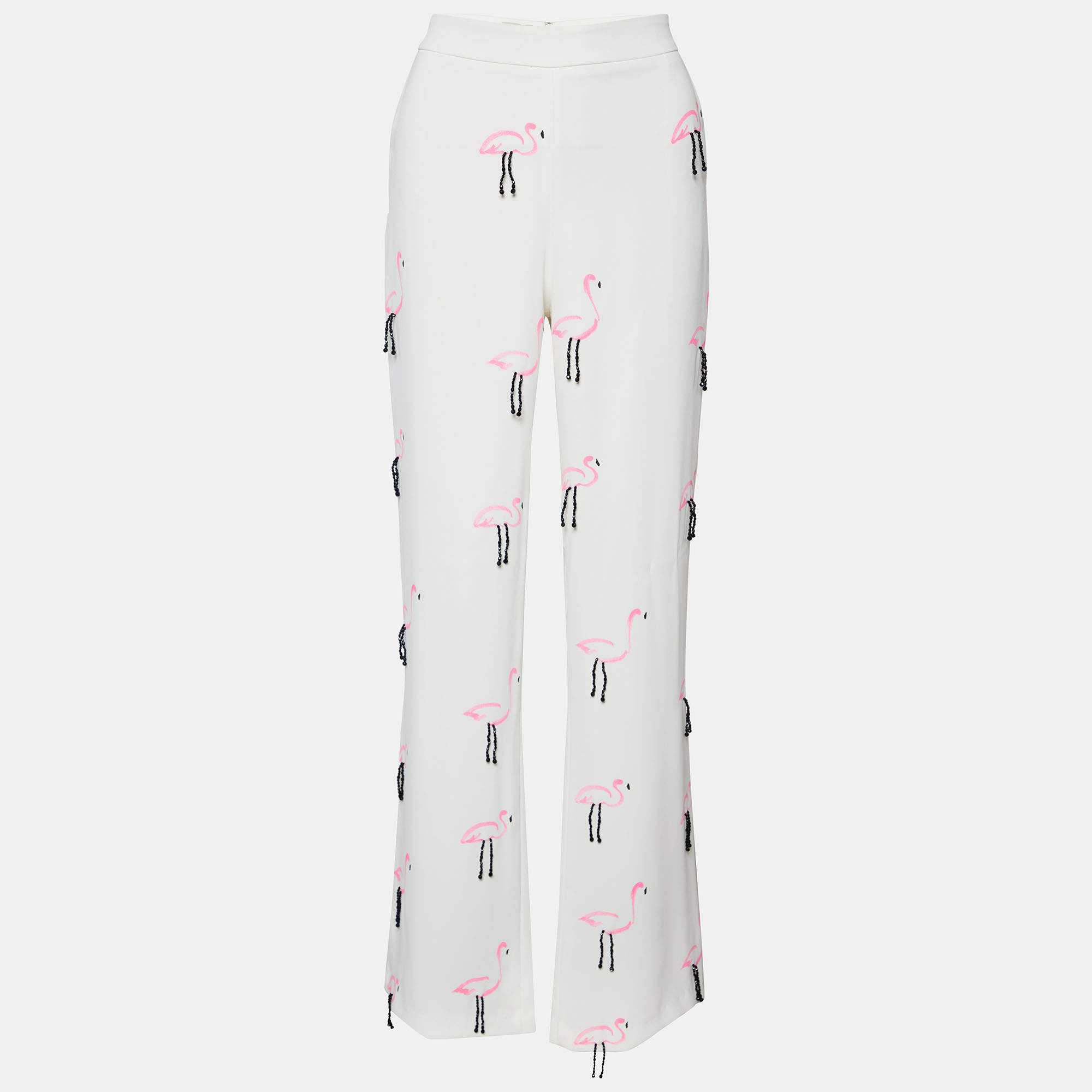 Moschino Cheap and Chic Runway White Printed Crepe Embellished Wide Leg Pants M