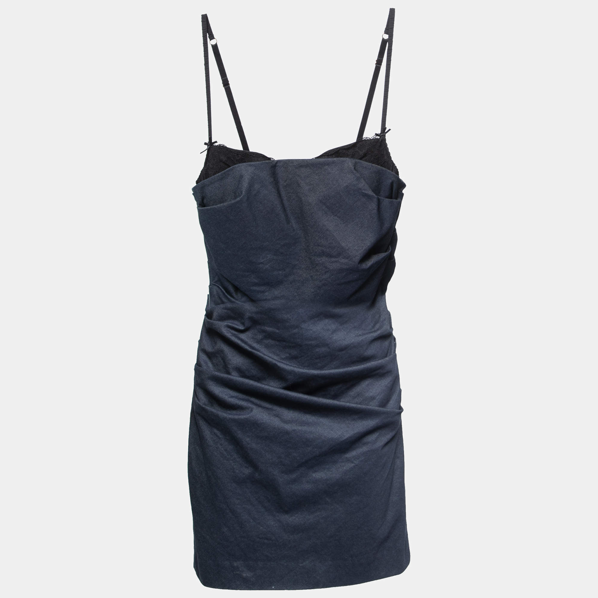 Pre Owned Moschino Cheap and Chic Denim Strappy Ruched Fitted Short Dress M