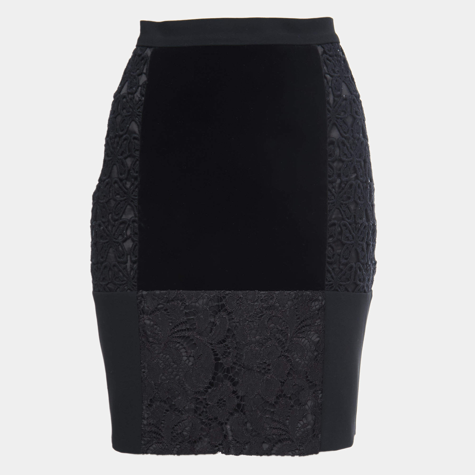 Pre Owned Moschino Cheap and Chic Black Velvet and Floral Lace Detail Knee Length Skirt M