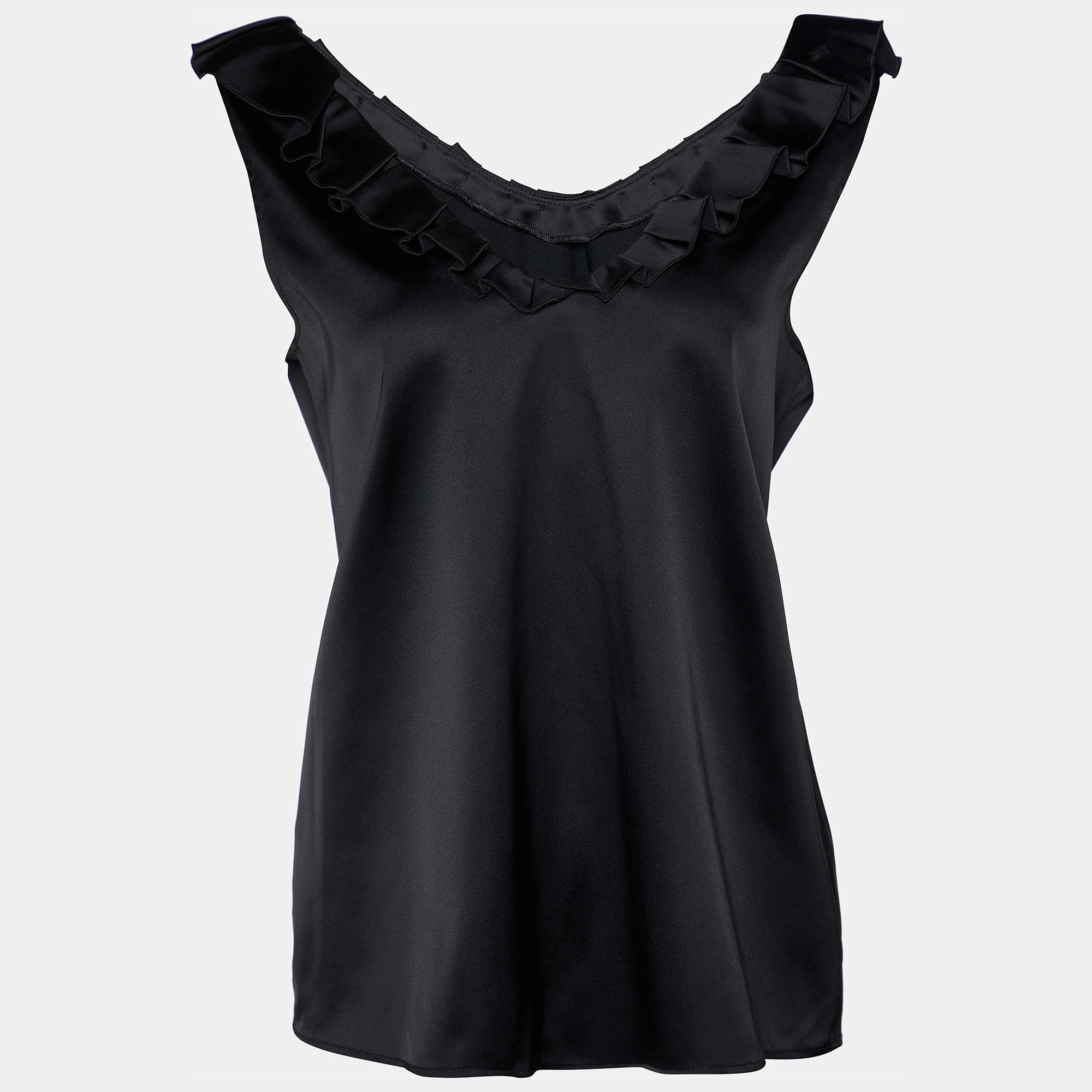 Moschino Cheap and Chic Black Sateen Pleated Neck Trim Tank Top M
