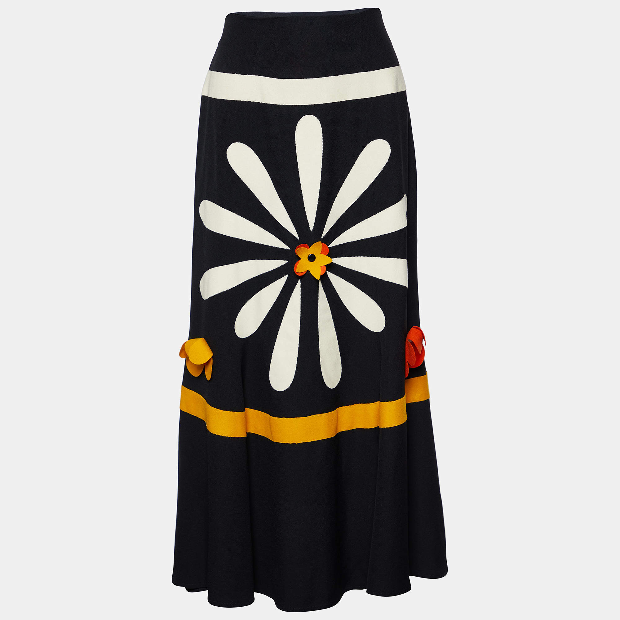 Pre Owned Moschino Cheap and Chic Black Floral Applique Crepe Midi Skirt M