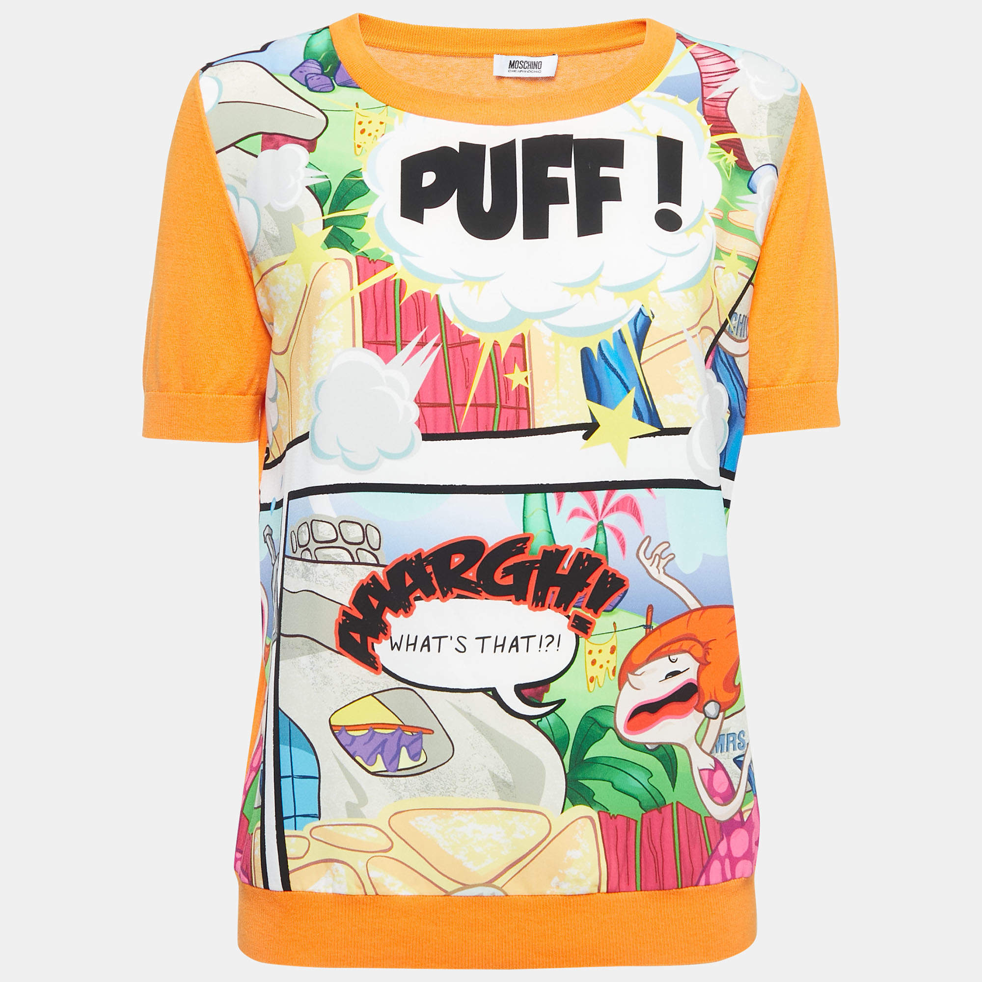 مملوكة مسبقًا Moschino Cheap & Chic Orange Cartoon Print Knit Short Sleeve Top M