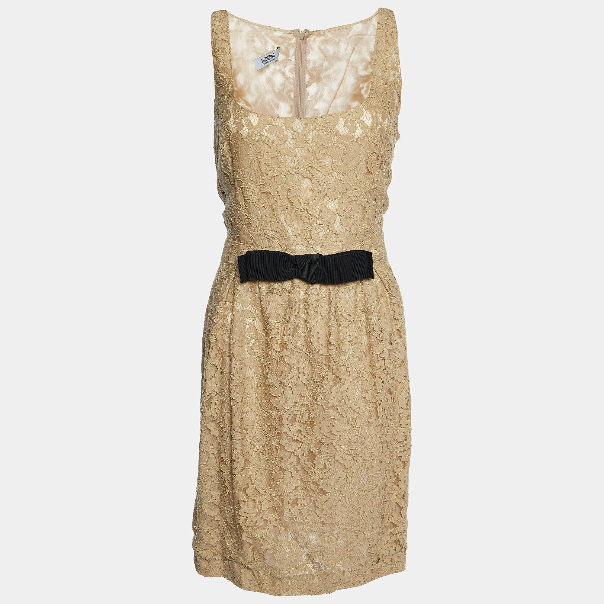 Moschino Cheap and Chic Beige Lack Bow Detail Sleeveless Midi Dress L