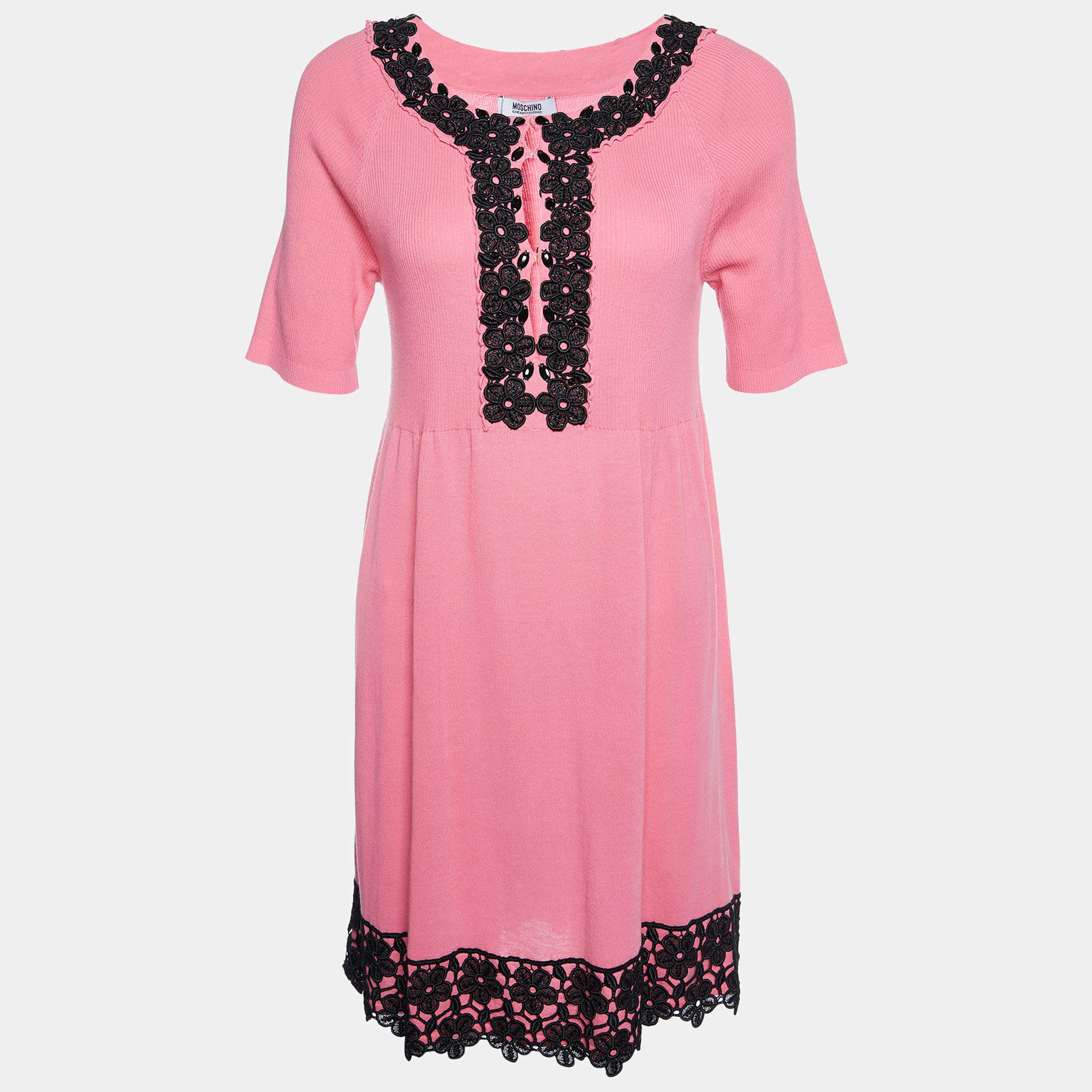 Pre Owned Moschino Cheap and Chic Pink Cotton Knit lace Trim Detail Mini Dress L