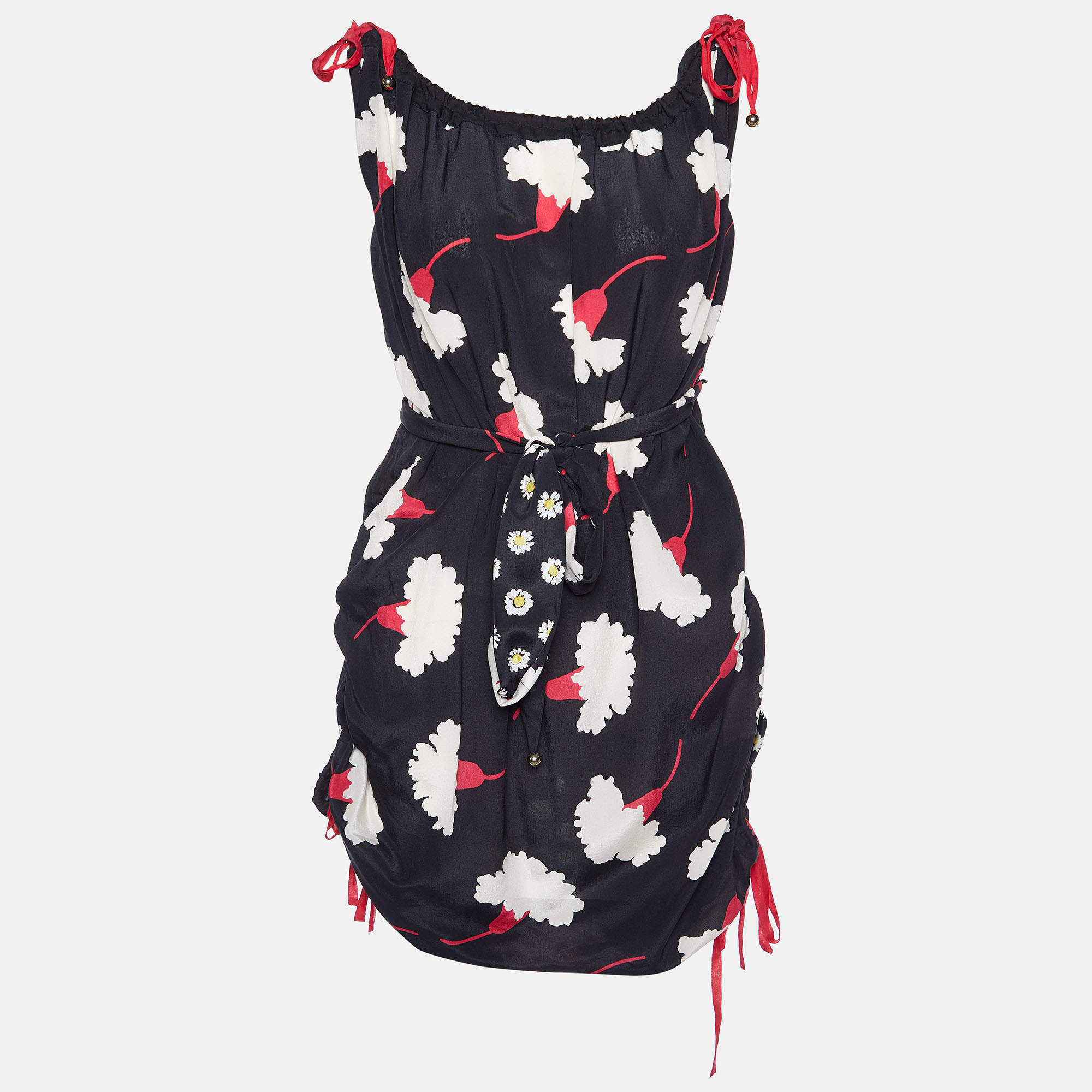 Pre Owned Moschino Cheap and Chic Black Floral Printed Belted Dress M