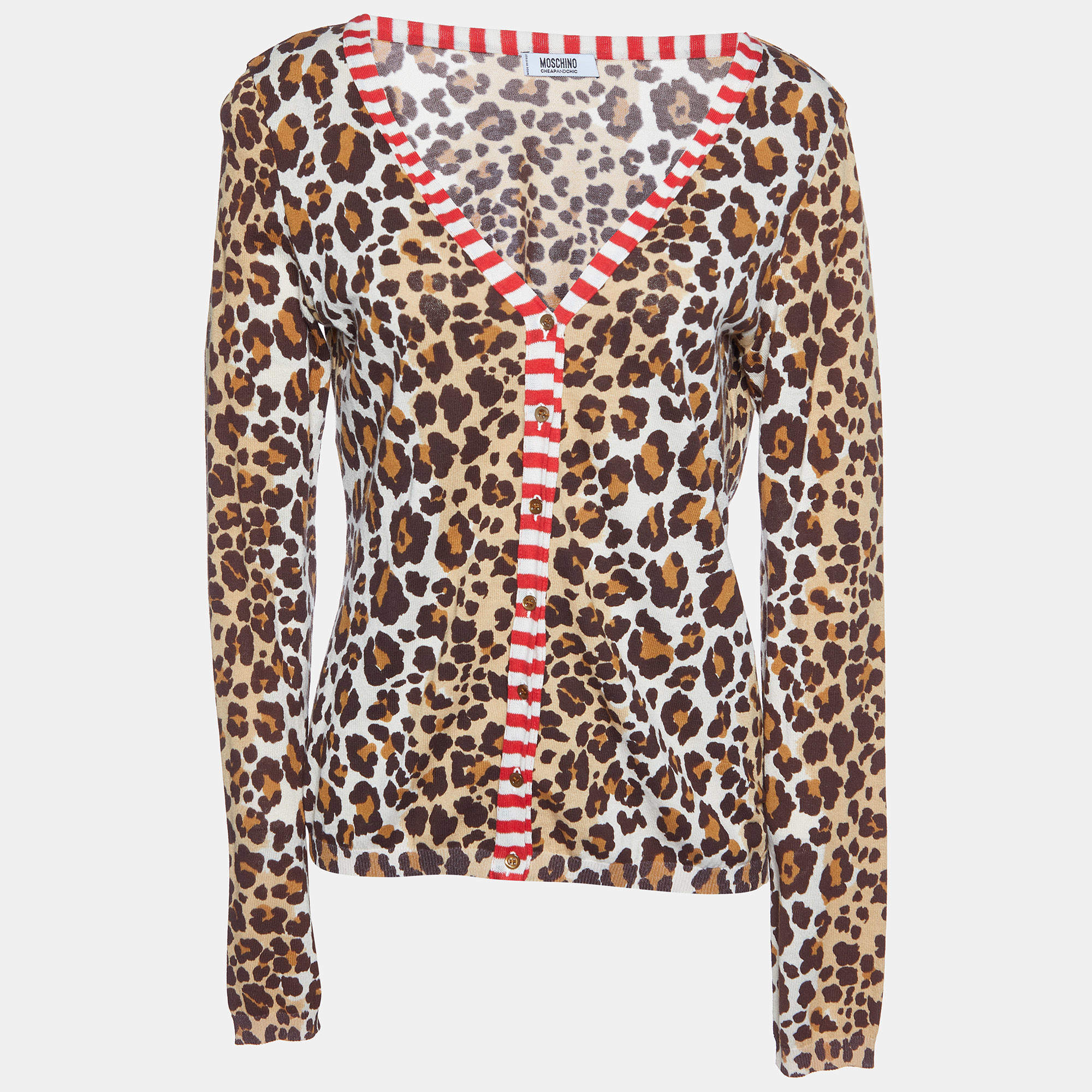 Pre Owned Moschino Cheap and Chic Brown Animal Printed Cotton Knit Cardigan M