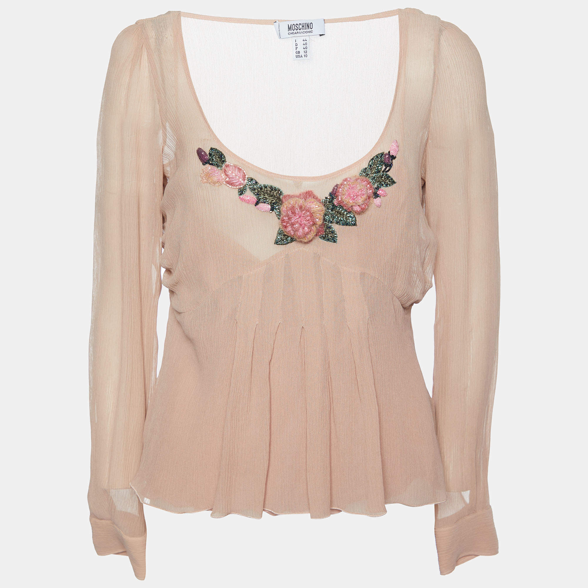 Pre Owned Moschino Cheap and Chic Beige Light pink Embellished Silk Chiffon Top M