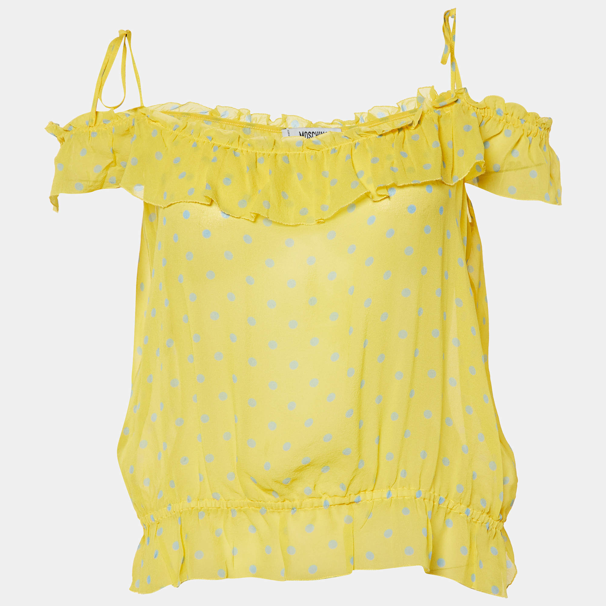 Moschino Cheap and Chic Yellow Polka Dot Printed Silk Ruffle Detail Top L